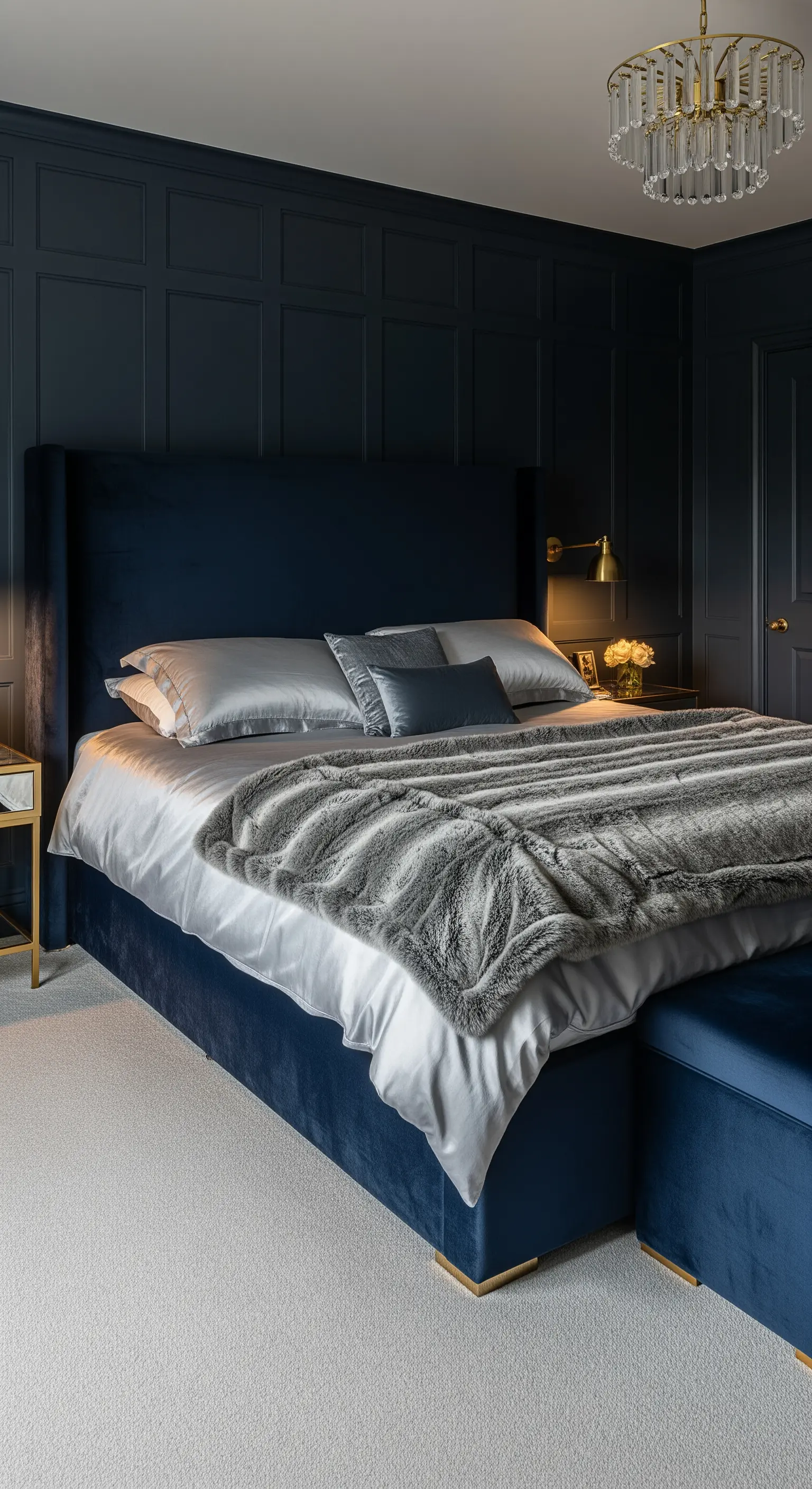 Dunkelblaues Schlafzimmer mit Webpelz und Seidenbettwäsche