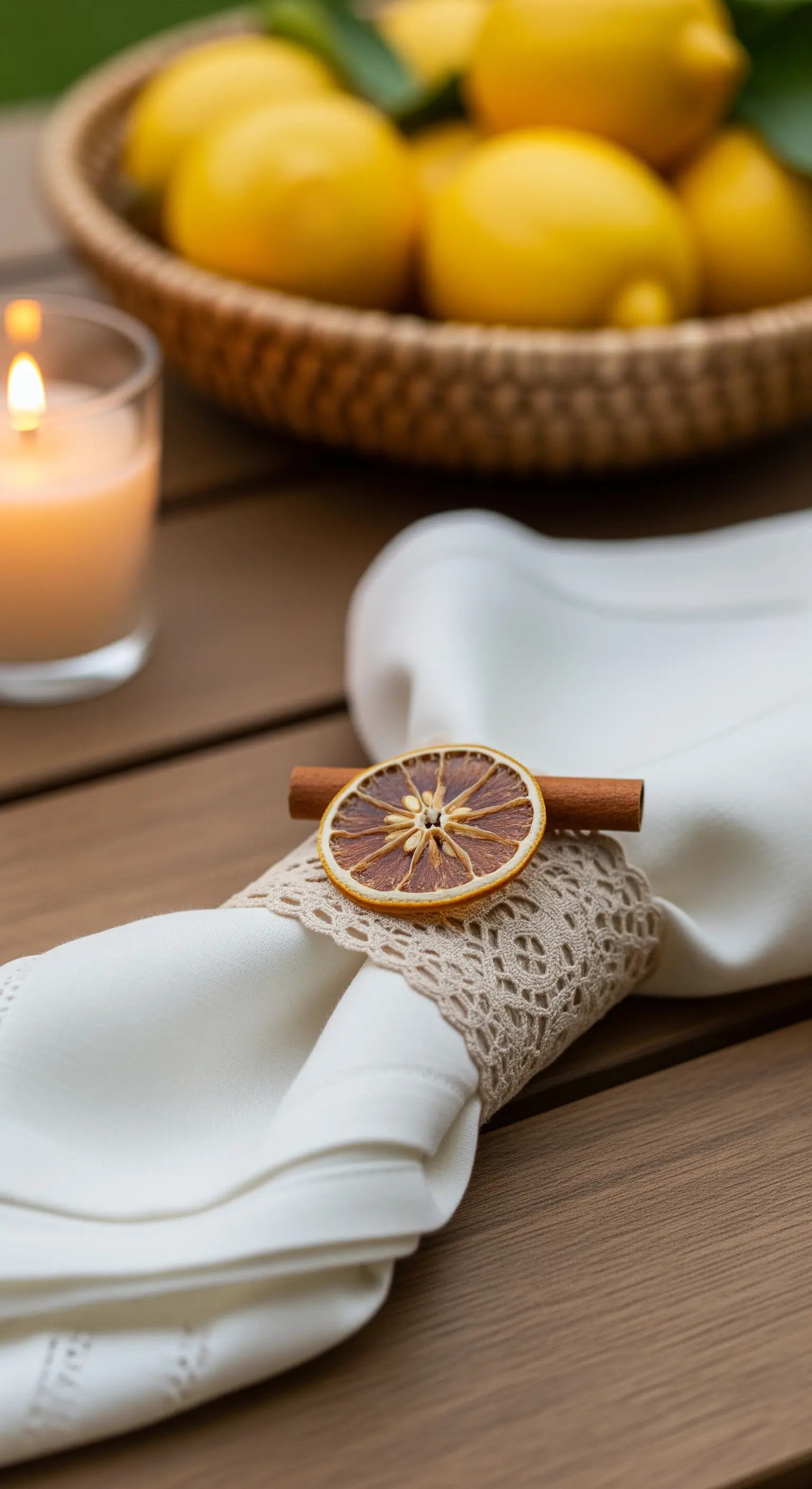 Weidenkorb mit Zitronen unscharf im Hintergrund, Kerze vorn