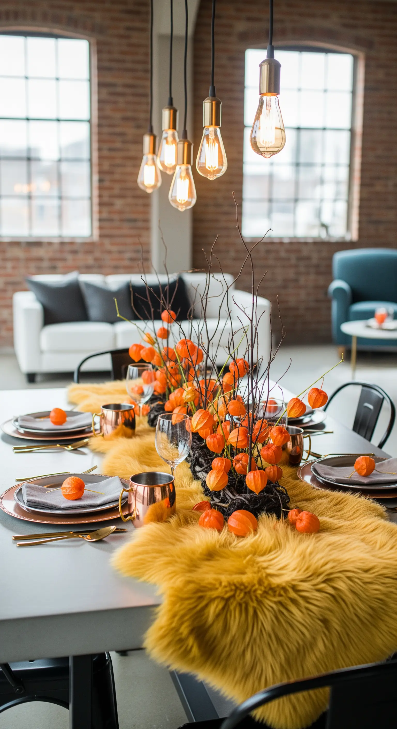 Gelber Fell-Tischläufer mit Physalis-Zweigen