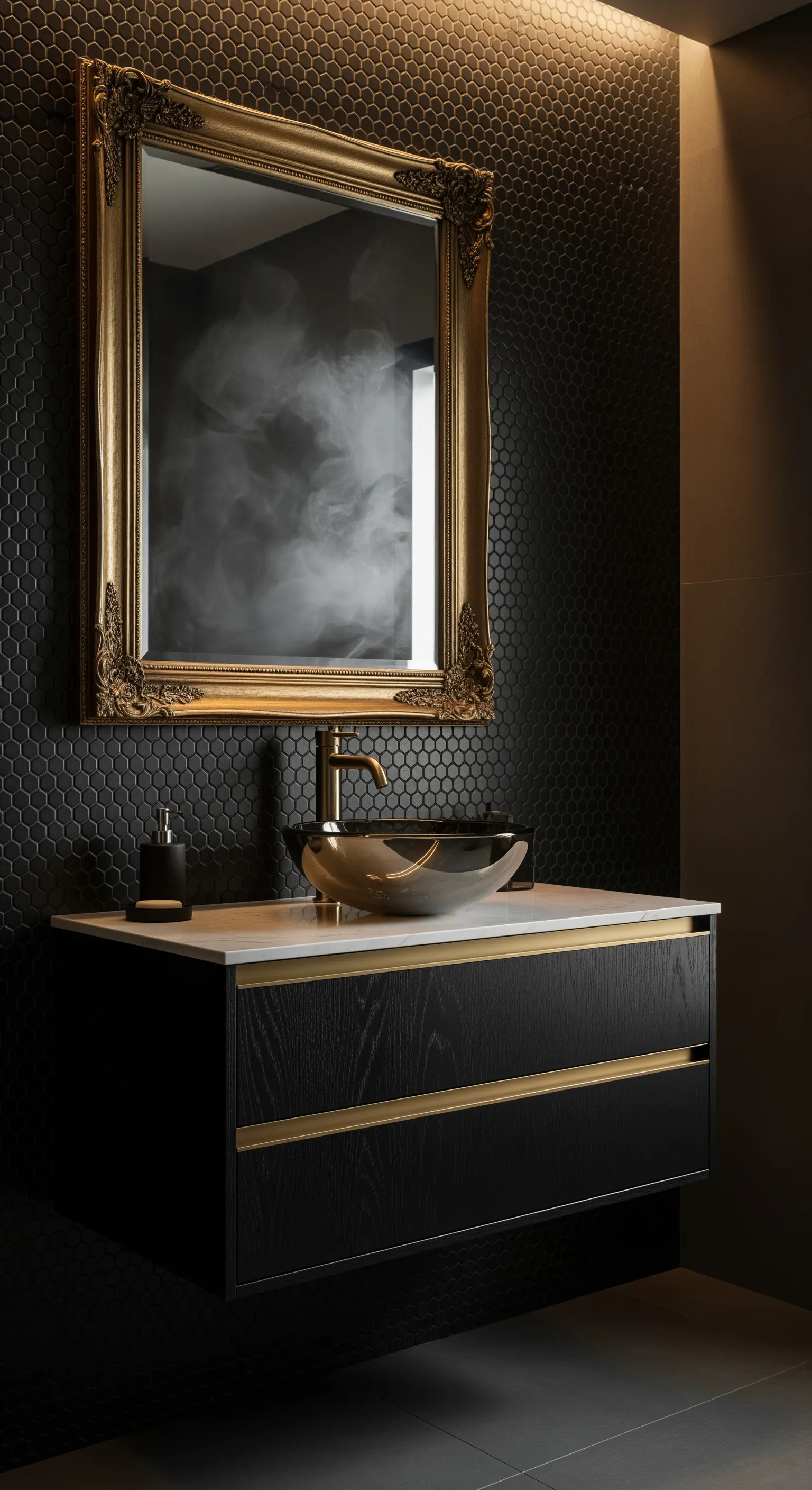 Dunkles Bad mit Goldspiegel und schwarzem Waschtisch