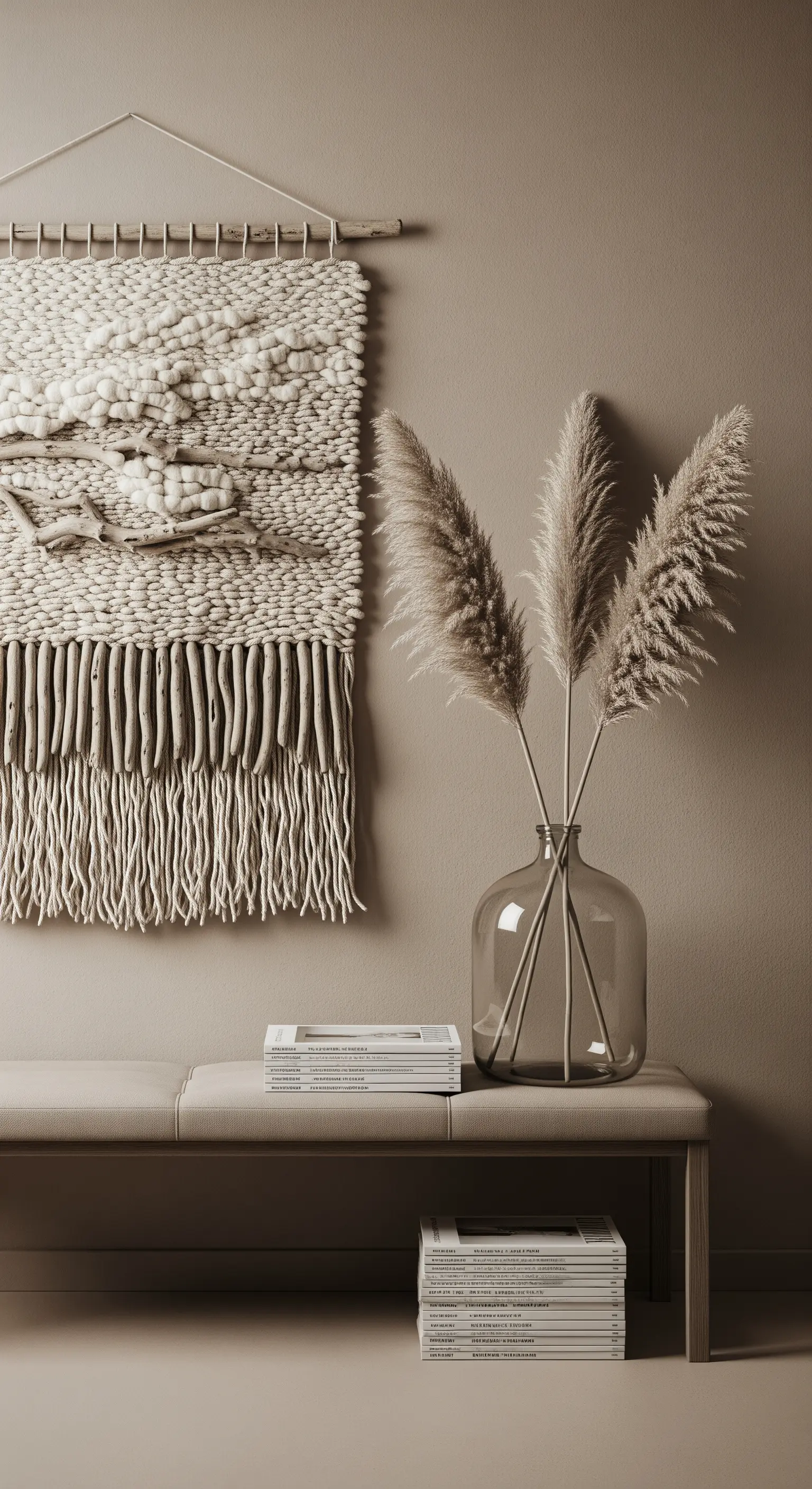 Wandbehang und Pampasgras auf Bank