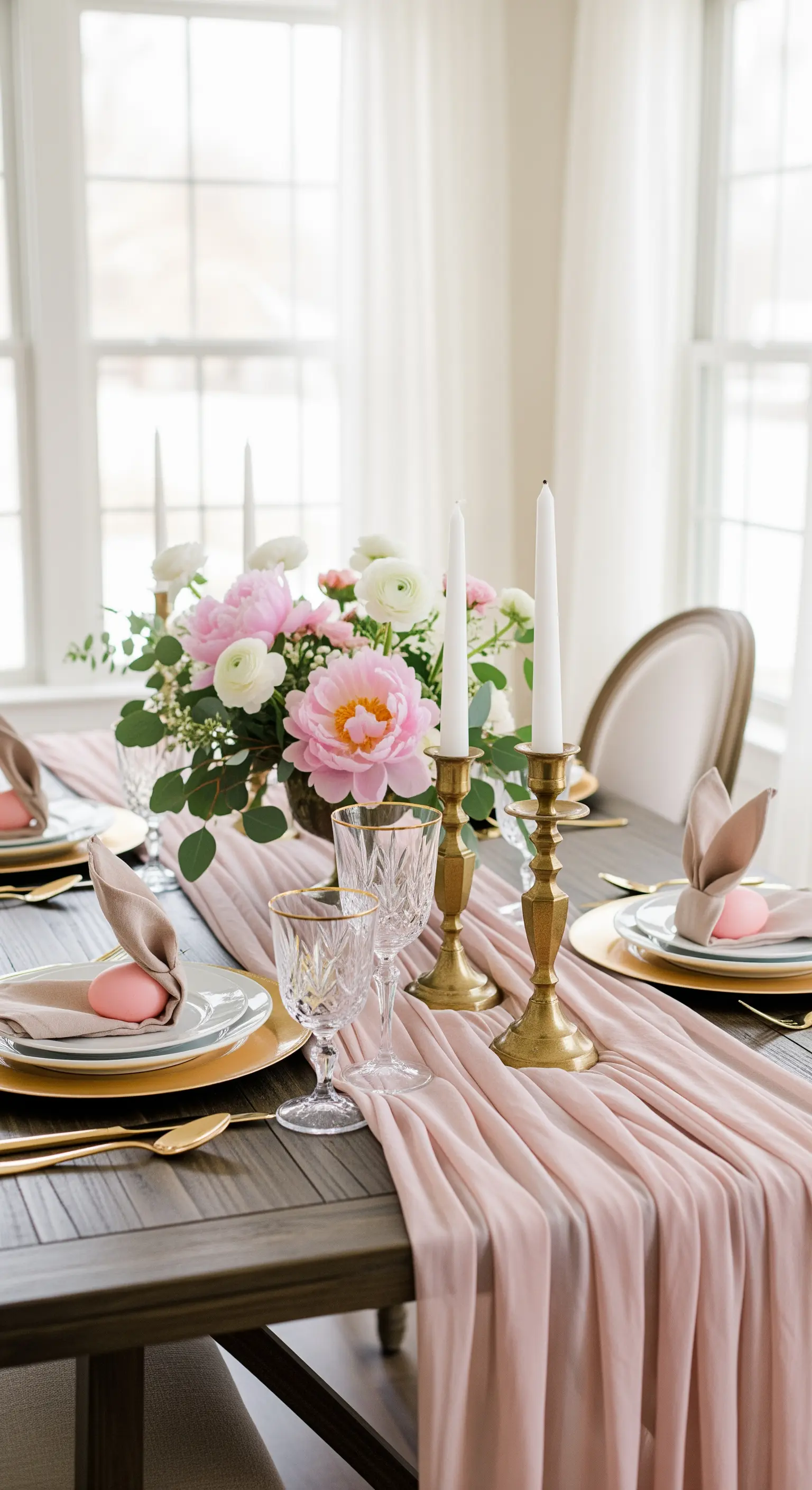 Altrosa Chiffon-Tischläufer mit goldenen Kerzenständern