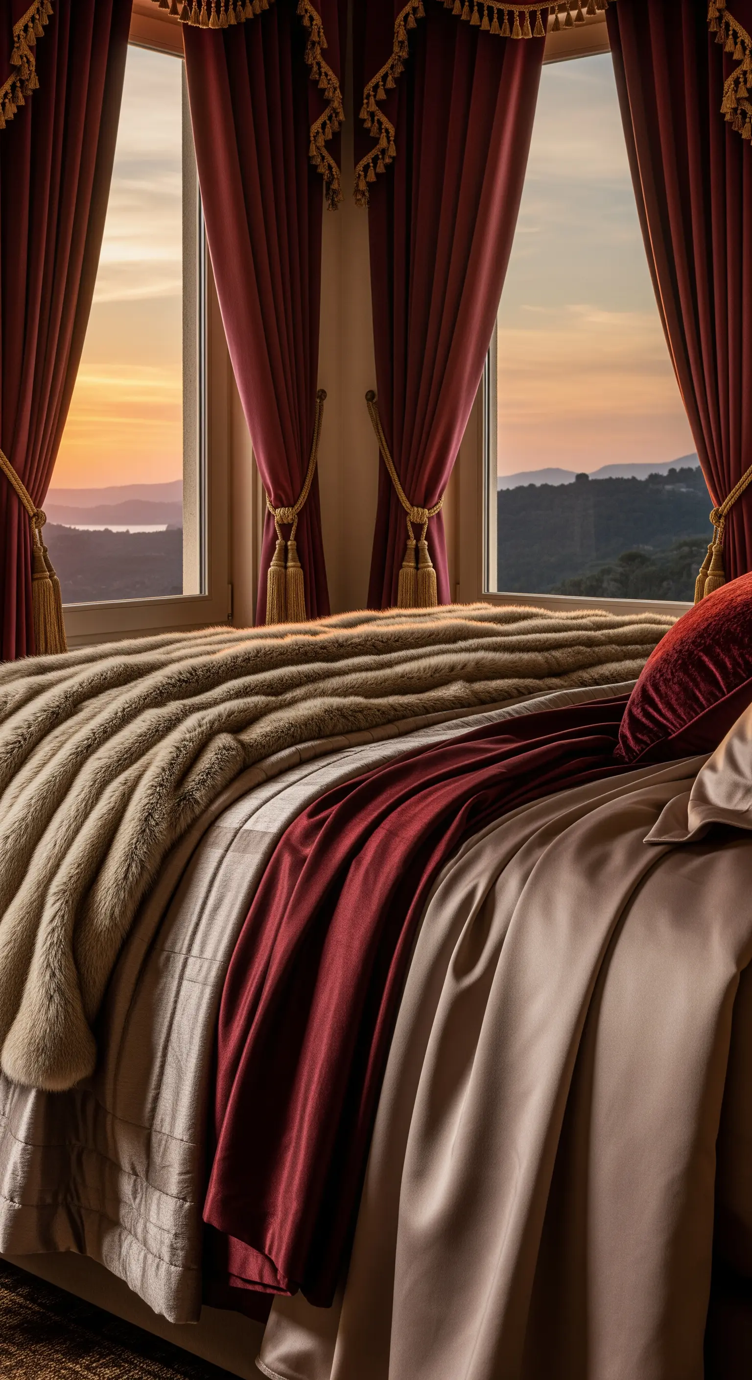 Rote Vorhänge rahmen Sonnenuntergangs-Blick