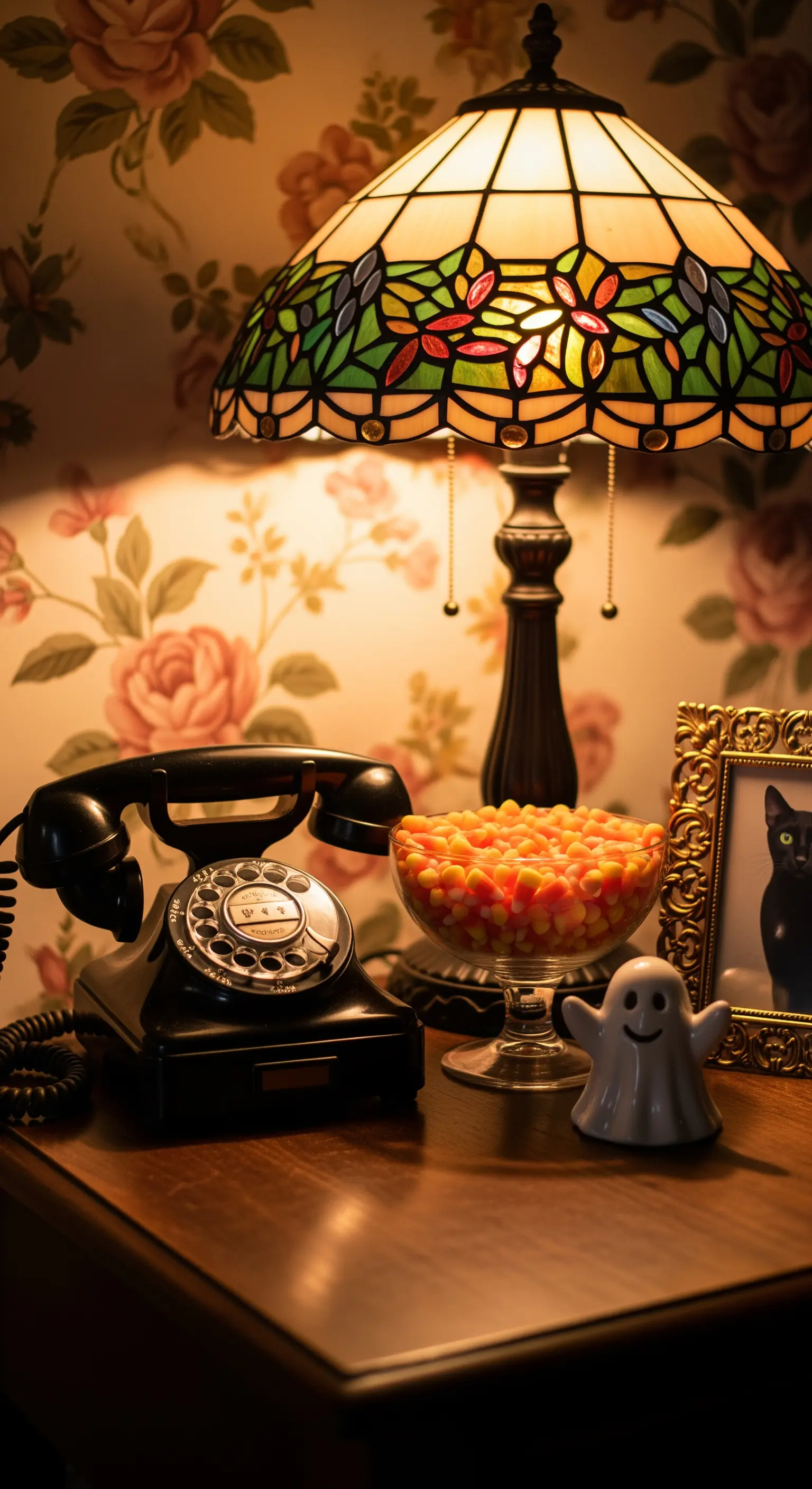 Tiffany-Lampe neben antikem Telefon und Süßigkeiten