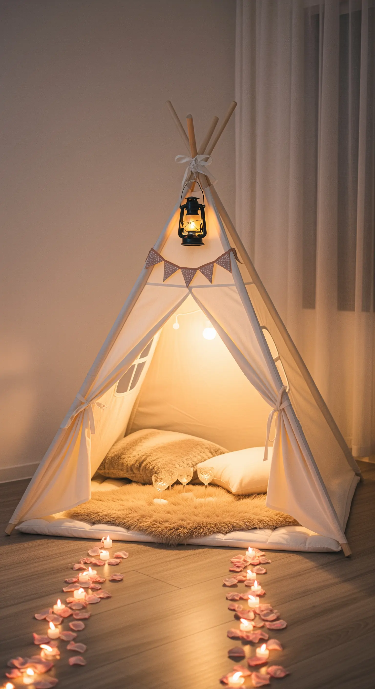 Beleuchtetes Tipi-Zelt im Wohnzimmer mit Kissen und Rosenblättern