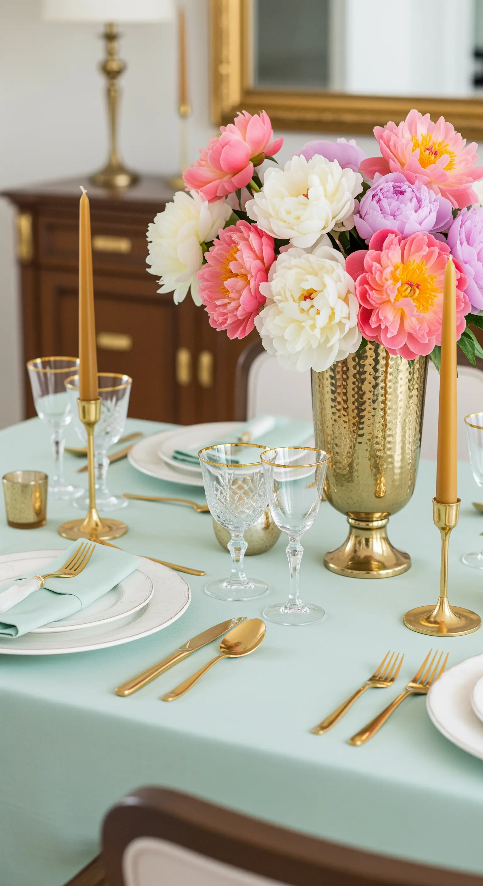 Festliche Tischdeko mit goldenen Kerzenhaltern und Pfingstrosen