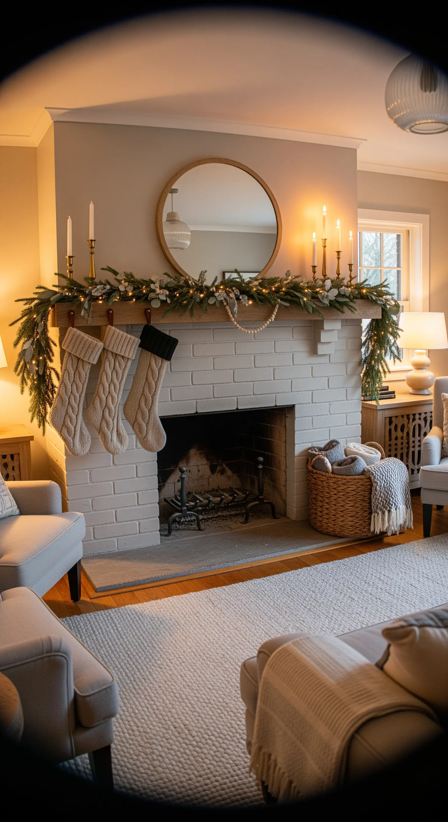Strickstrümpfe am weißen Backsteinkamin