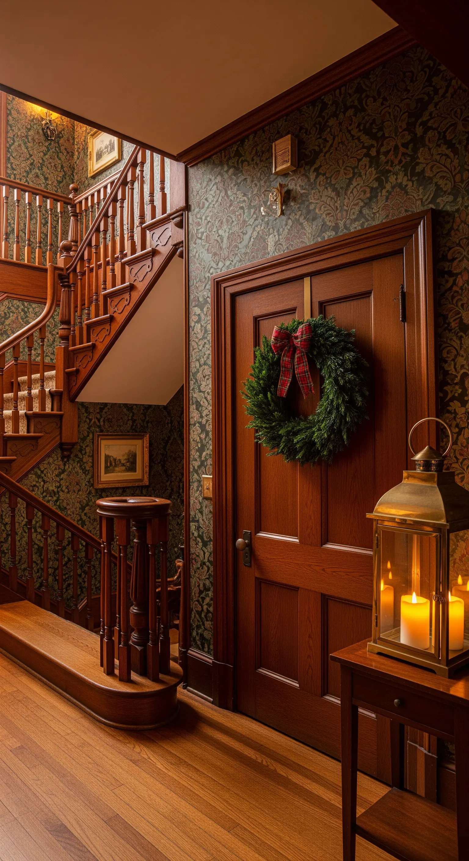 Klassischer Kranz an Holztür in dunklem Treppenhaus