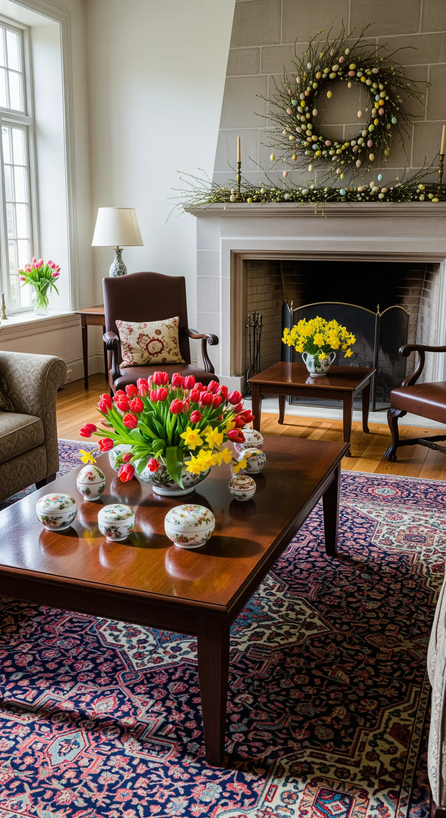 Kamin mit großem Osterkranz und roten Tulpen