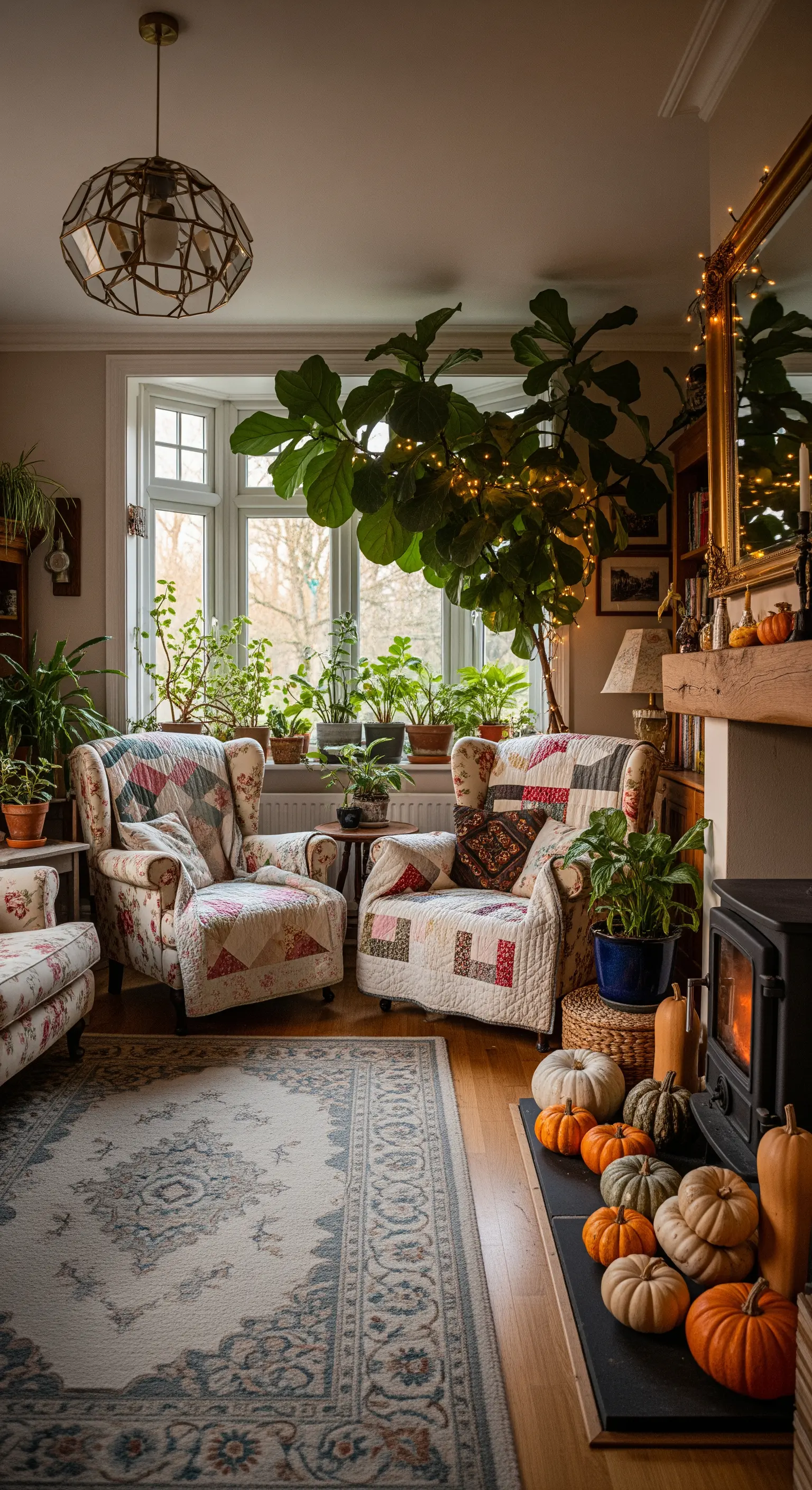 Landhaus-Wohnzimmer mit Patchwork-Sesseln, beleuchteter Zimmerpflanze und Kürbisgruppe
