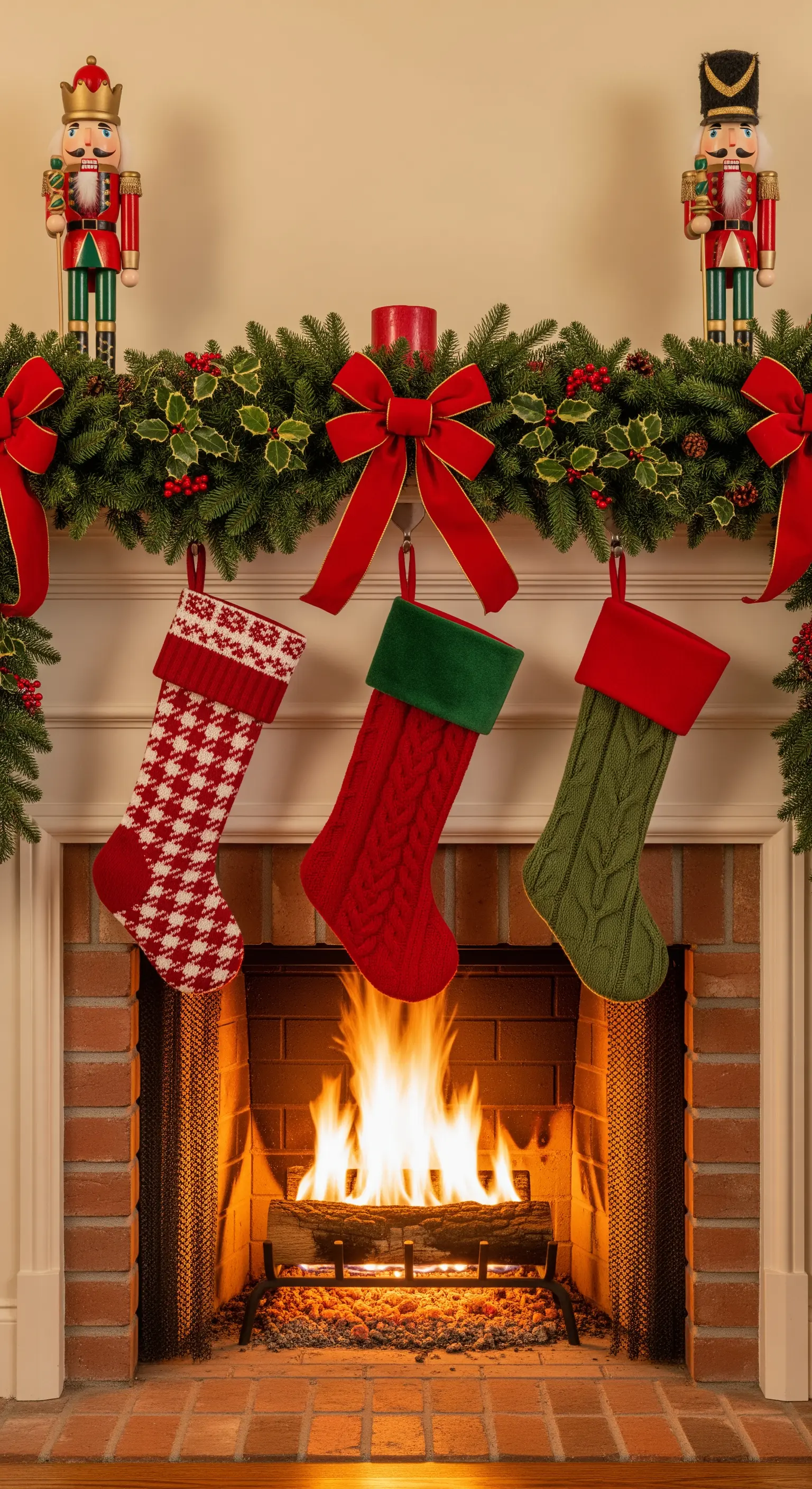 Weihnachtssocken, Tannengirlande und Nussknacker am Kamin
