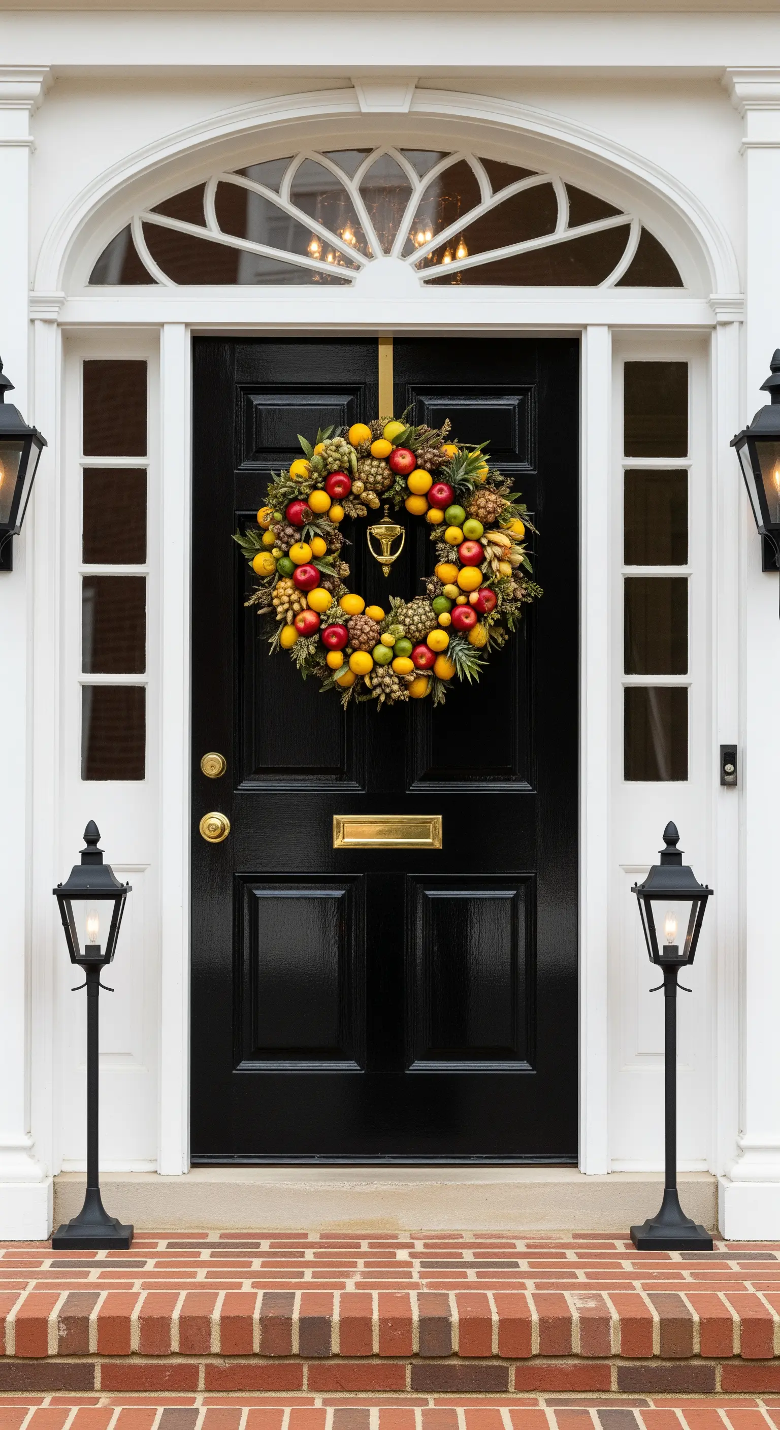 Schwarze Tür mit Kranz aus Äpfeln und Zitrusfrüchten