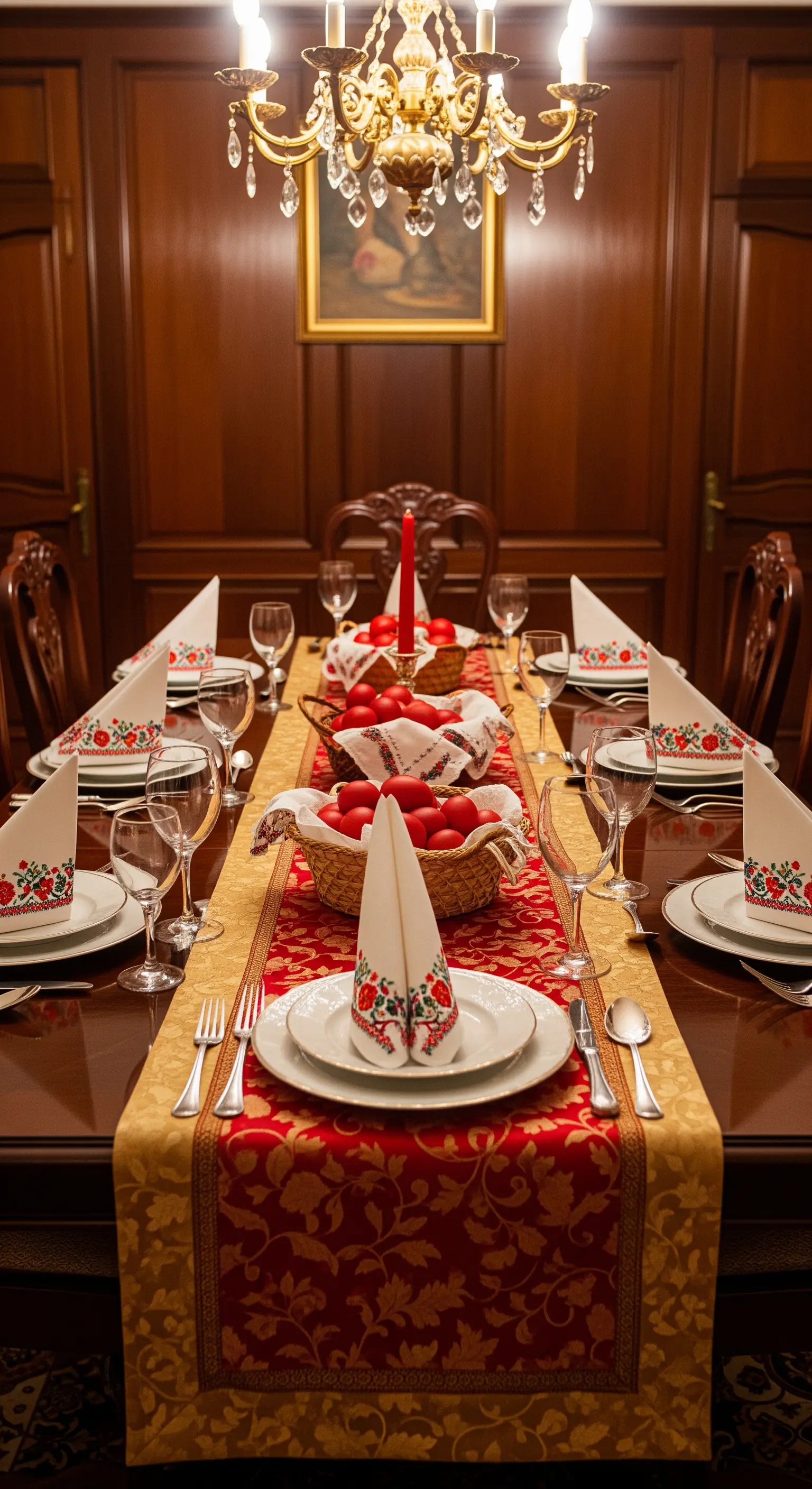 Festlich gedeckter Tisch in Rot und Gold mit bestickten Servietten und roten Ostereiern