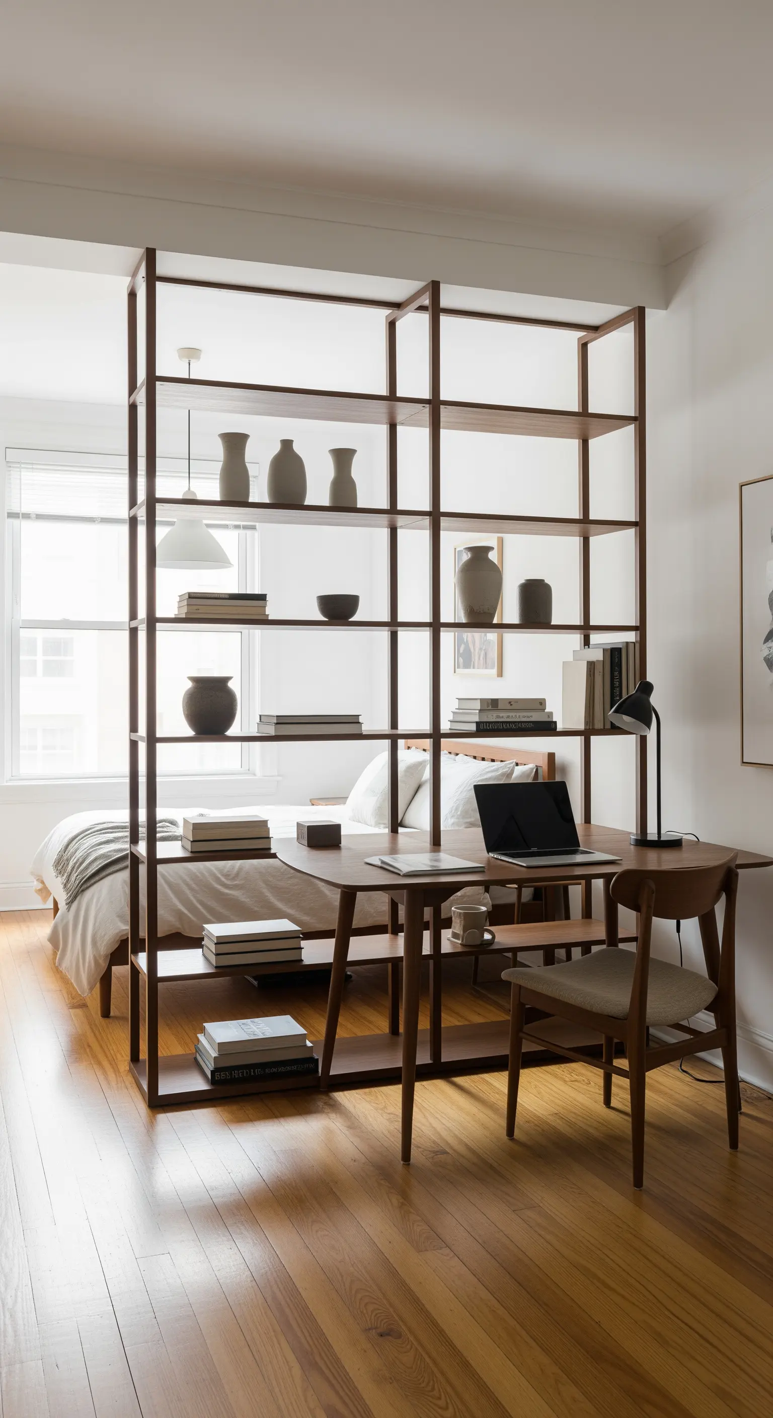 Offenes Holzregal als Raumteiler im hellen Zimmer