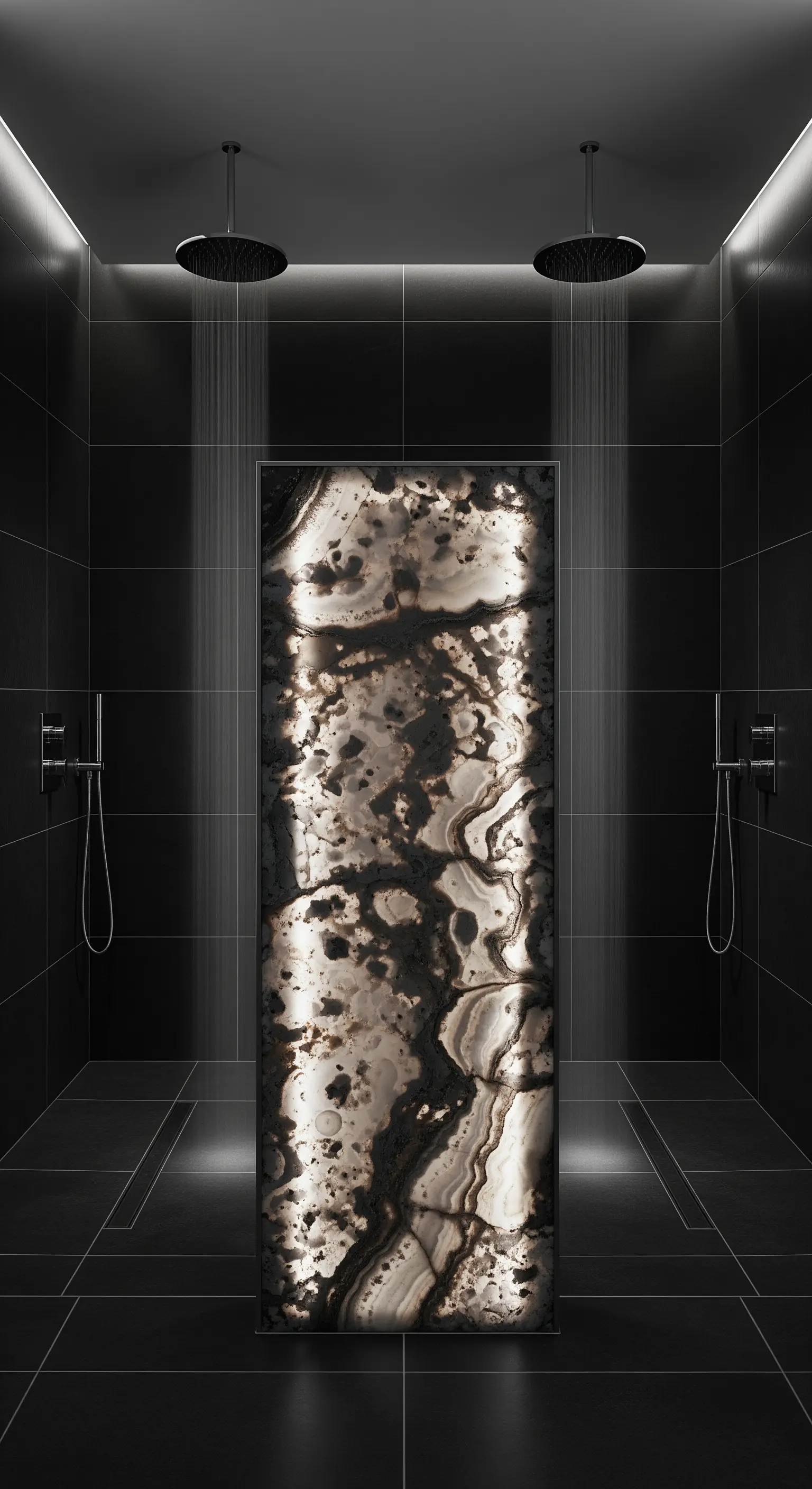 Hinterleuchtete Onyx-Steinplatte in der Dusche