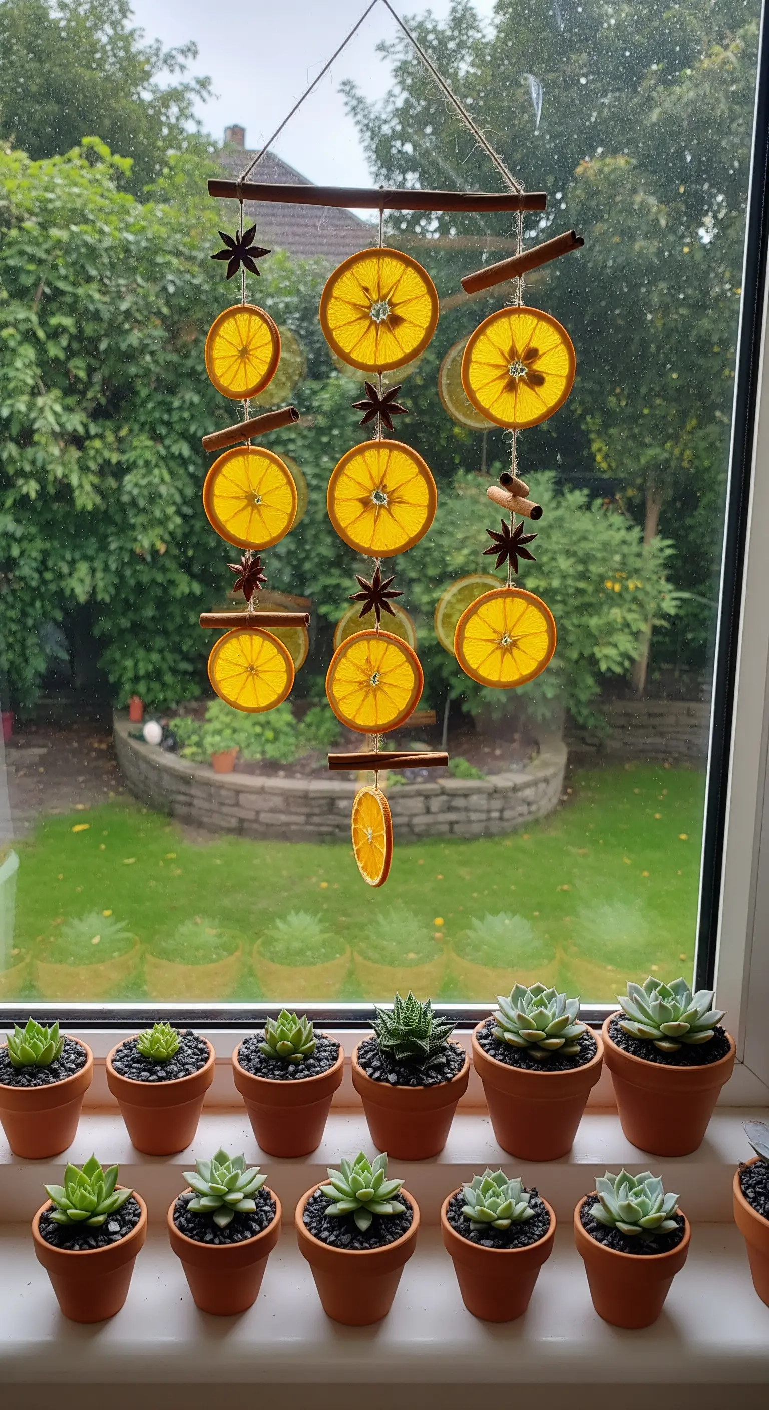 Hängende Orangenscheiben und Zimtstangen vor grünem Garten