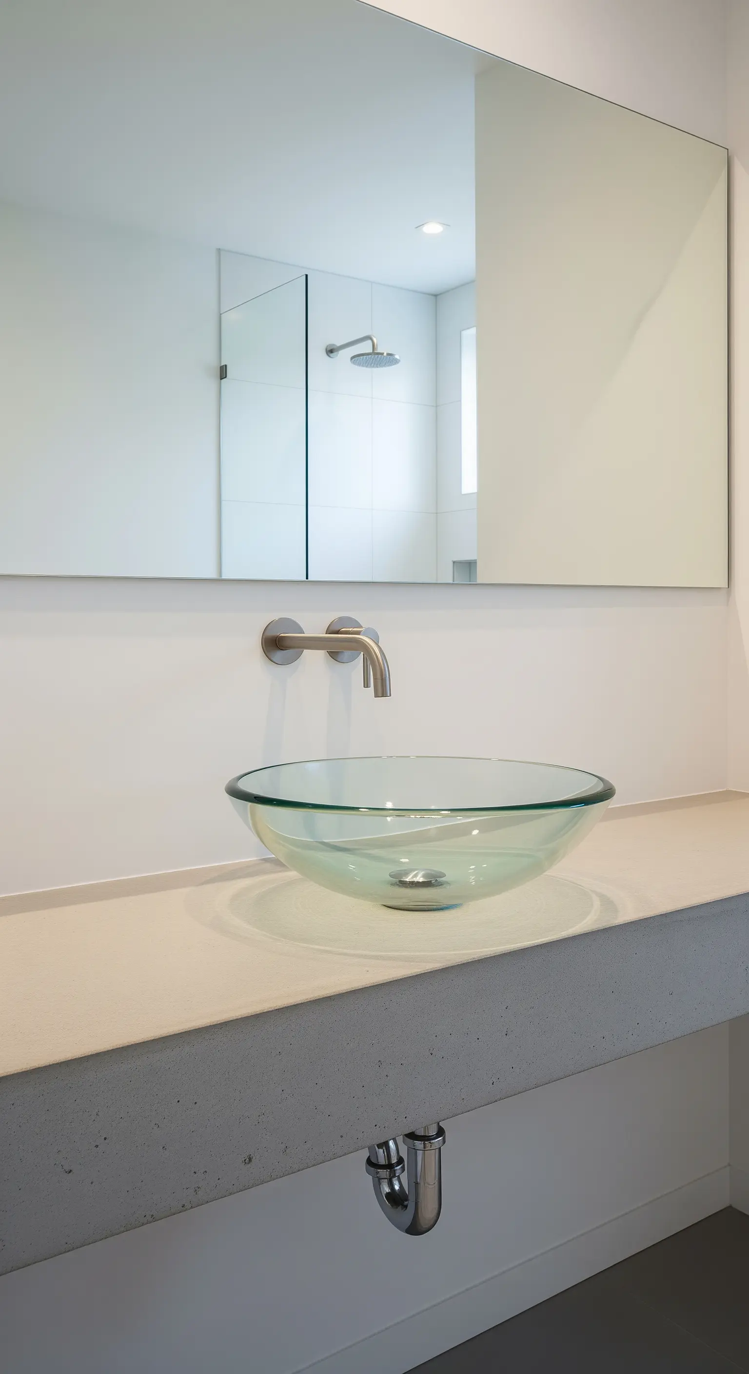 Glaswaschbecken auf Betonplatte im minimalistischen Bad