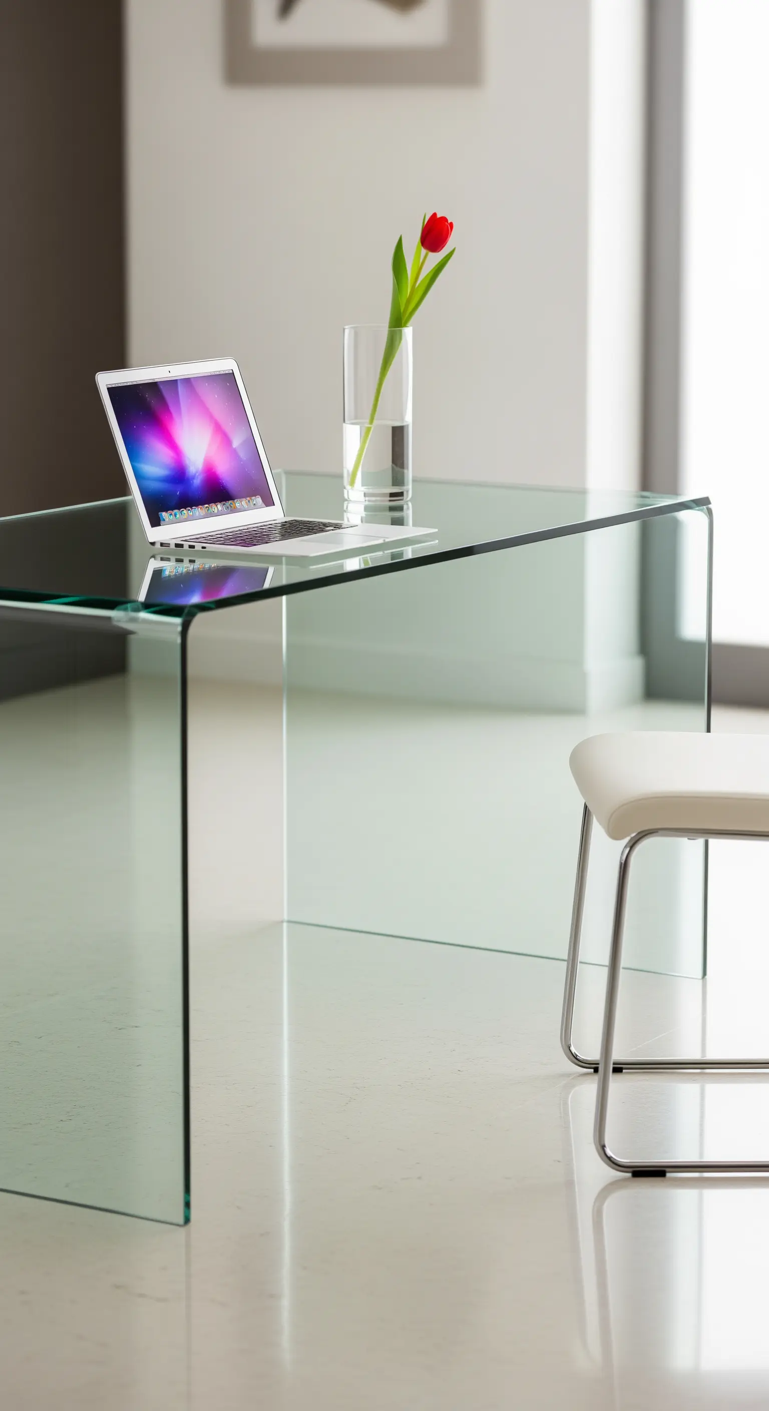 Vollglas-Schreibtisch mit einer roten Tulpe und weißem Hocker