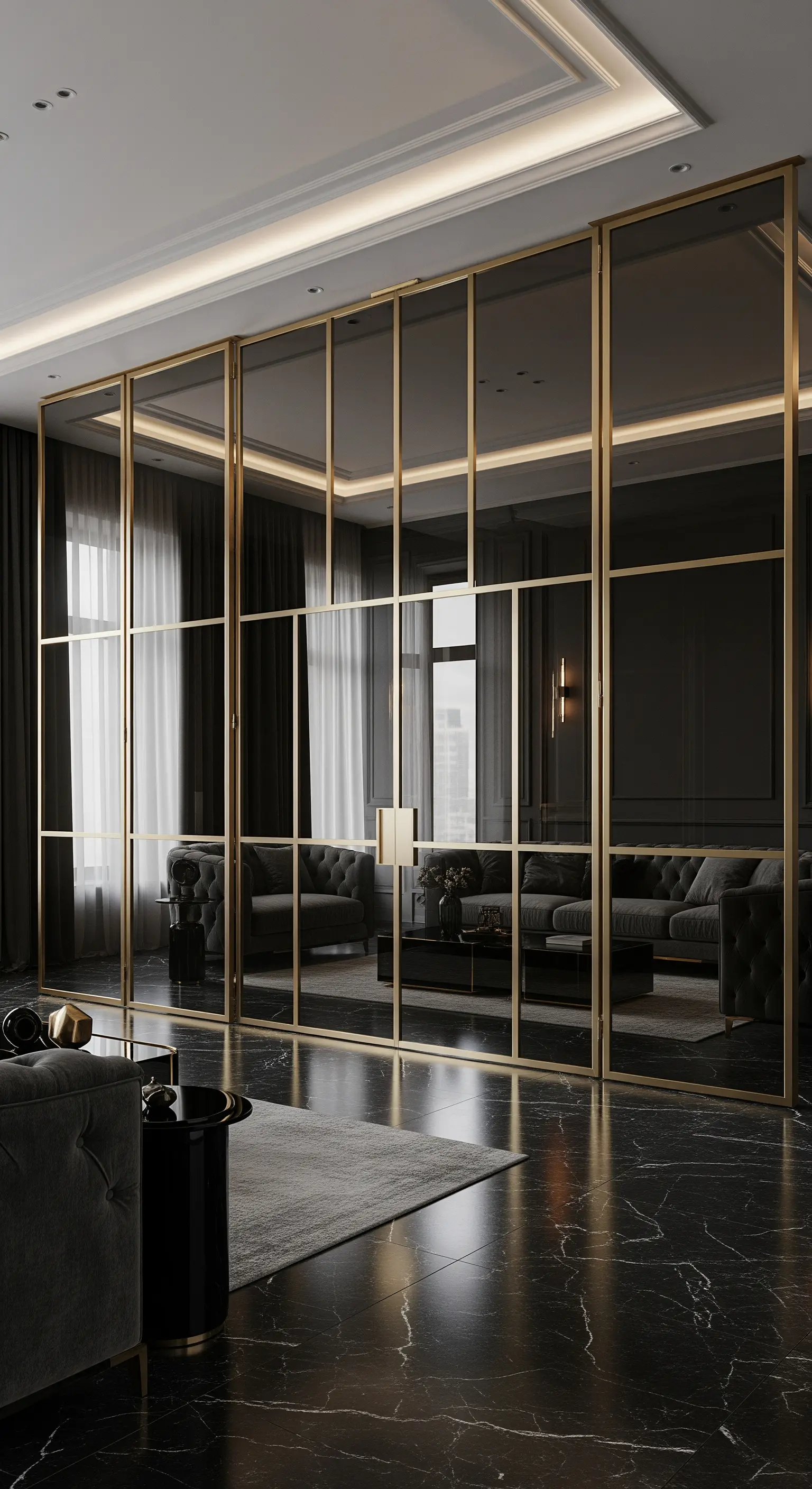 Raumhohe Trennwand aus Rauchglas mit Goldrahmen