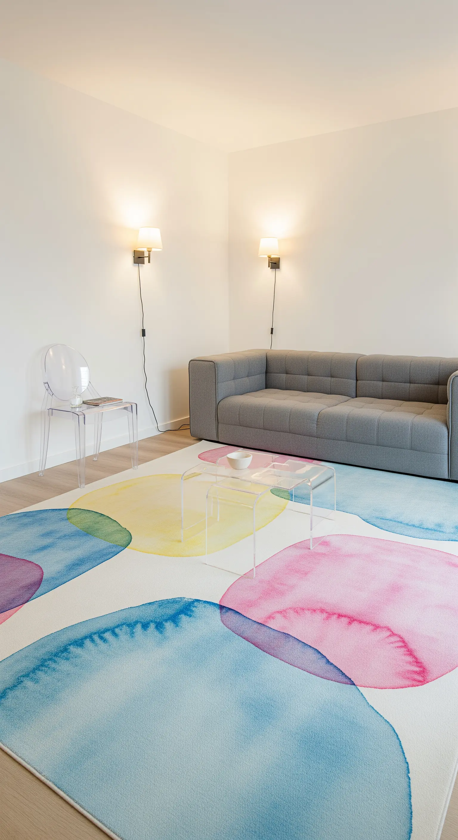 Aquarell-Teppich mit grauem Sofa und transparentem Stuhl