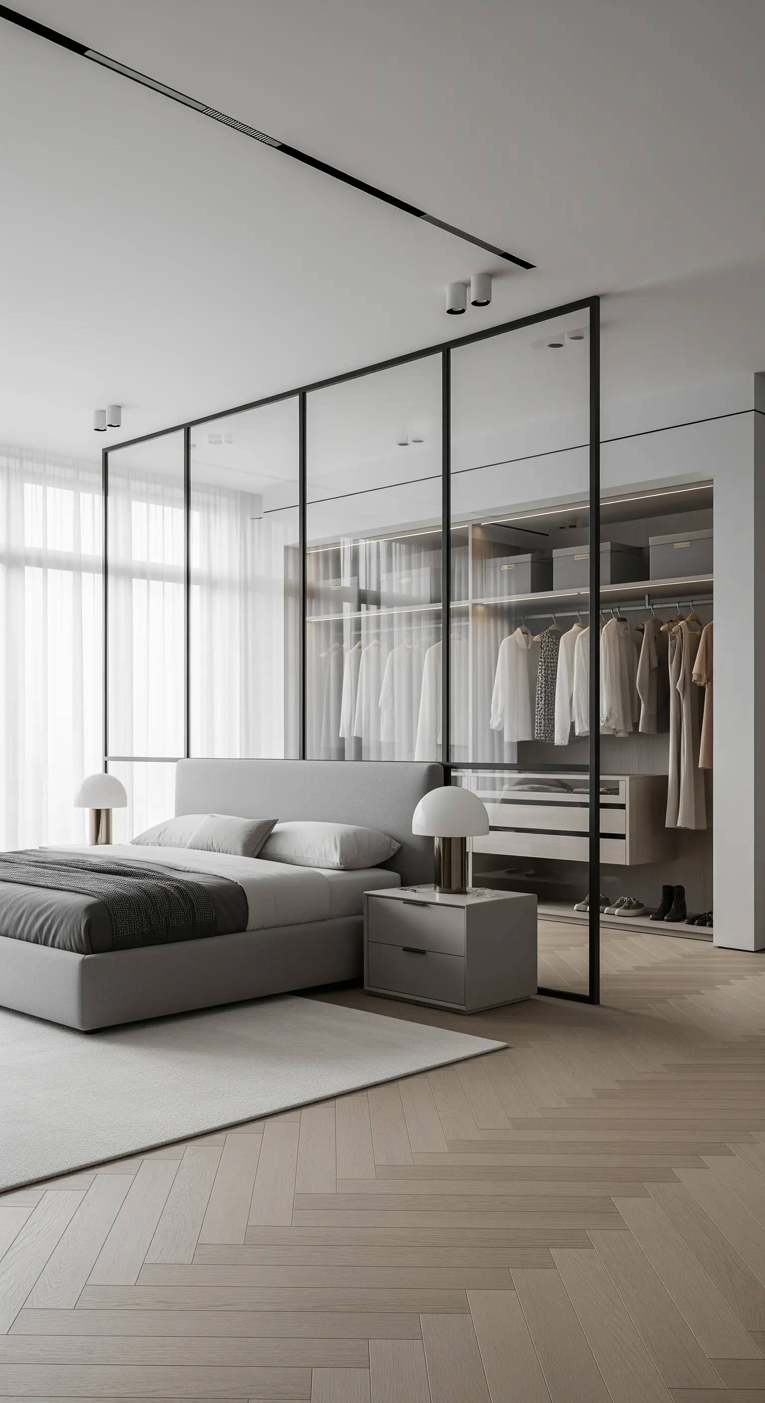 Modernes Schlafzimmer mit Glaswand zum beleuchteten Kleiderschrank