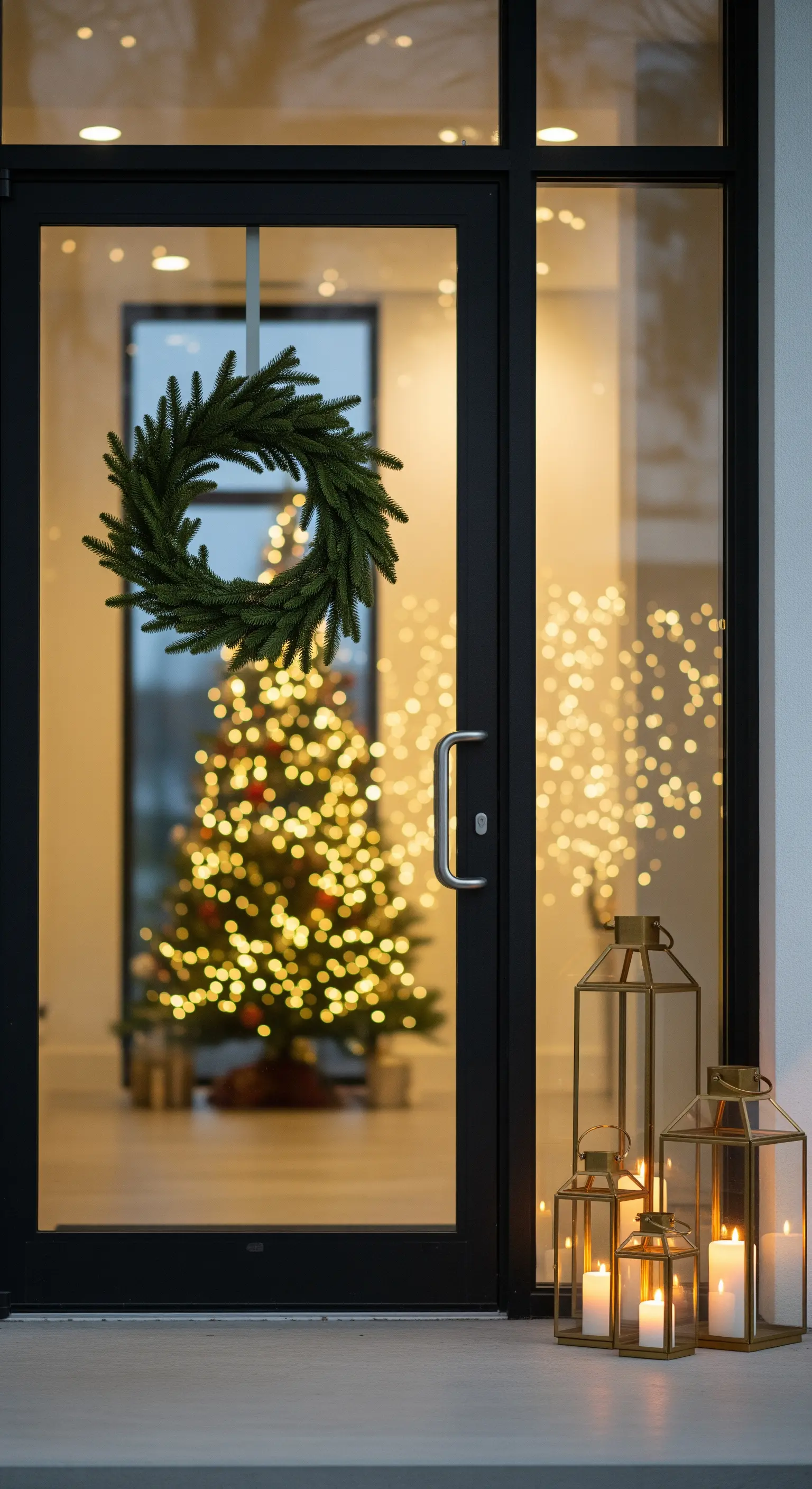 Glastür mit Blick auf beleuchteten Weihnachtsbaum