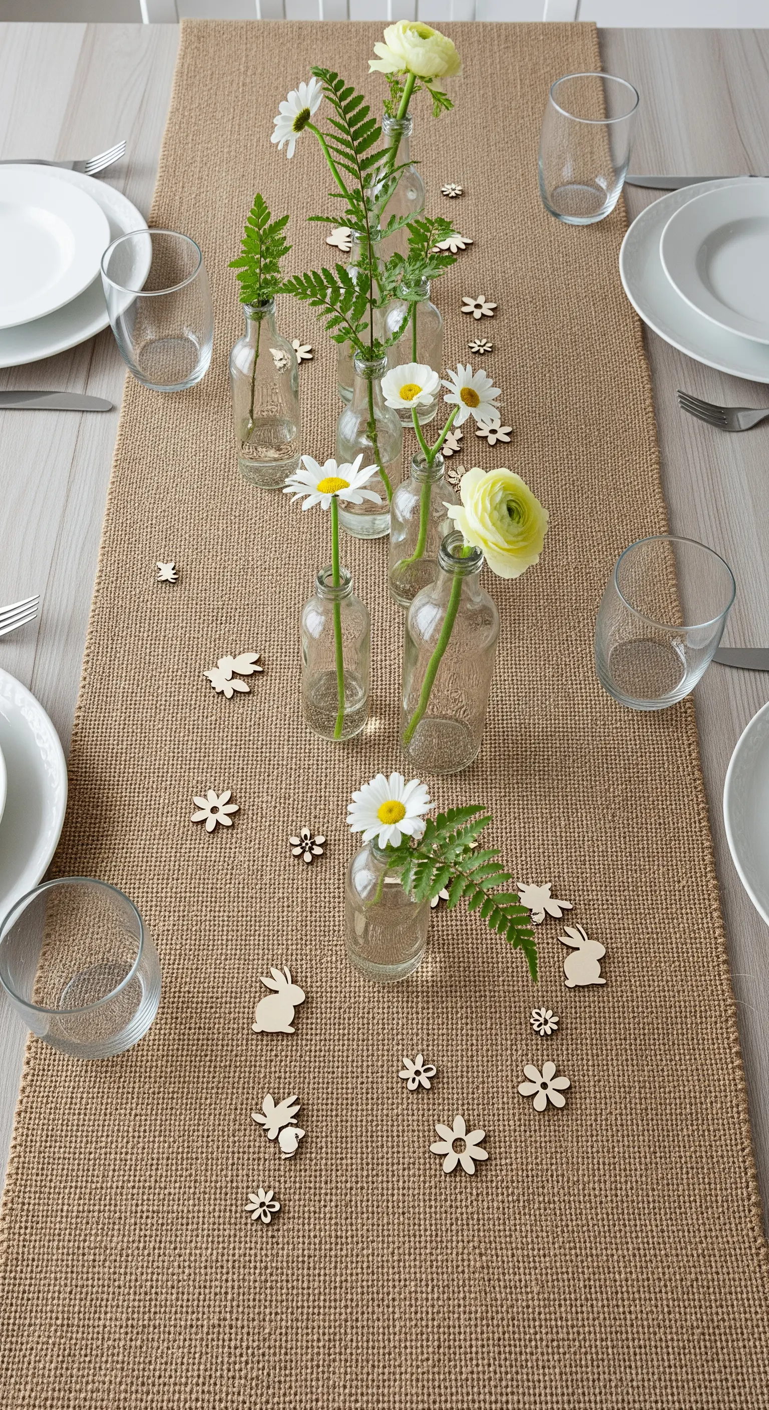 Tischläufer aus Jute mit vielen kleinen Glasvasen und Einzelblüten