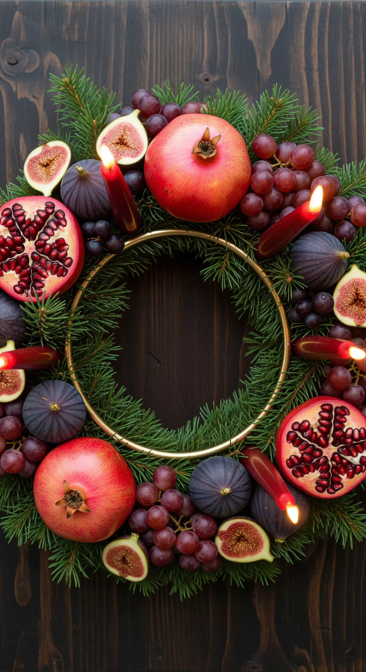 Transparenter Glasring gefüllt mit Lichterkette und silbernen Stabkerzen