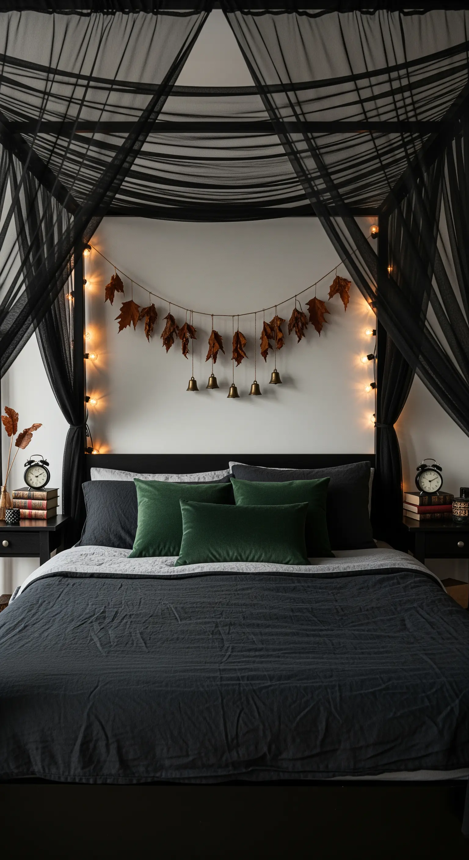 Dunkles Bett mit Herbstblatt-Girlande