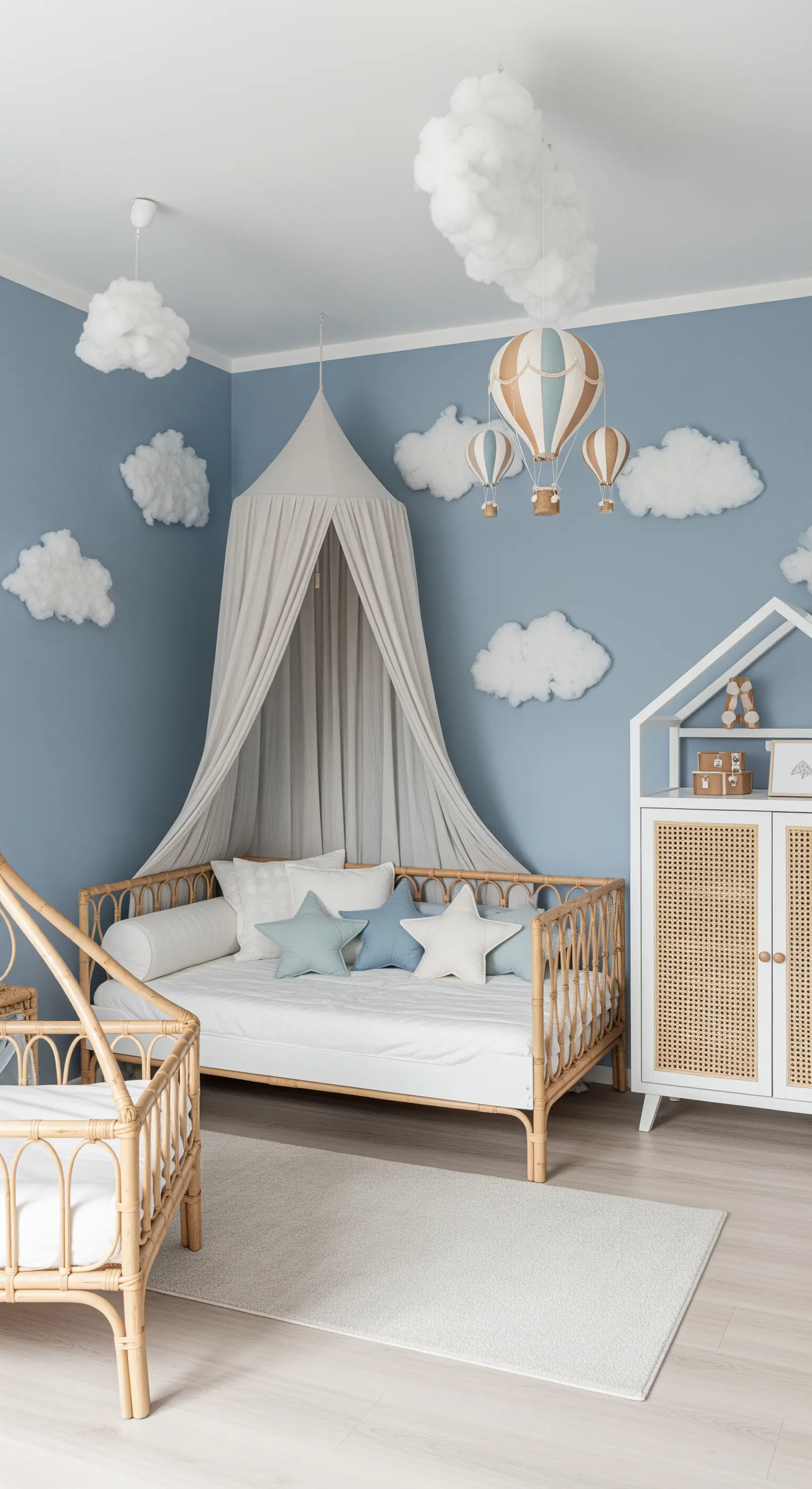 Betthimmel mit hängenden Wolken und Heißluftballons