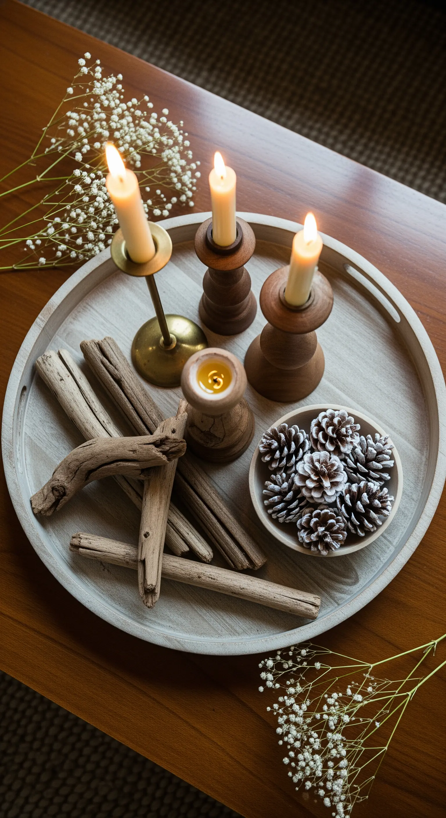Rundes Tablett mit Treibholz, Zapfen und drei Kerzenhaltern