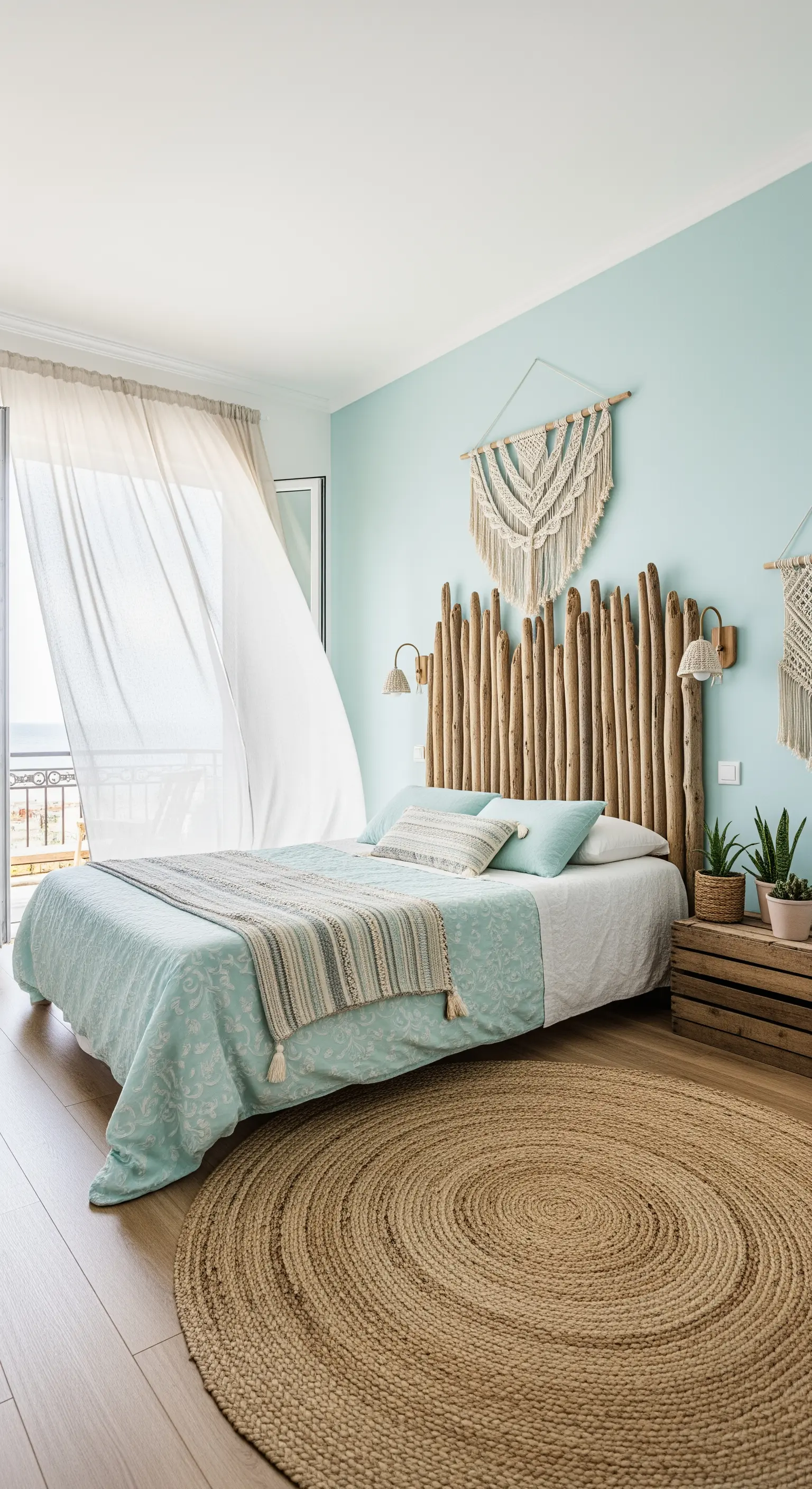 Schlafzimmer mit Treibholz-Kopfteil und mintgrüner Wand