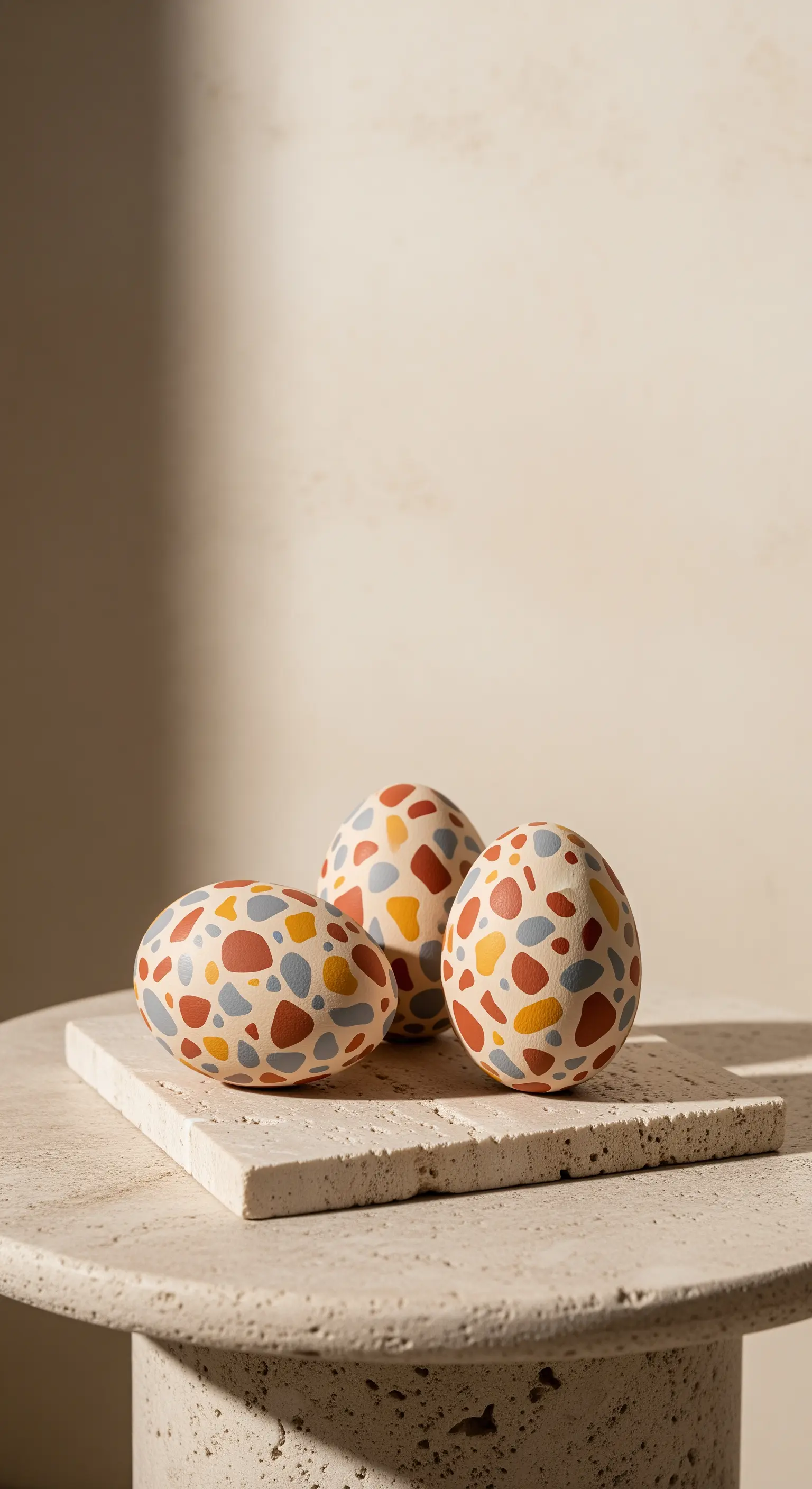 Terrazzo-bemalte Eier auf einem Steinblock