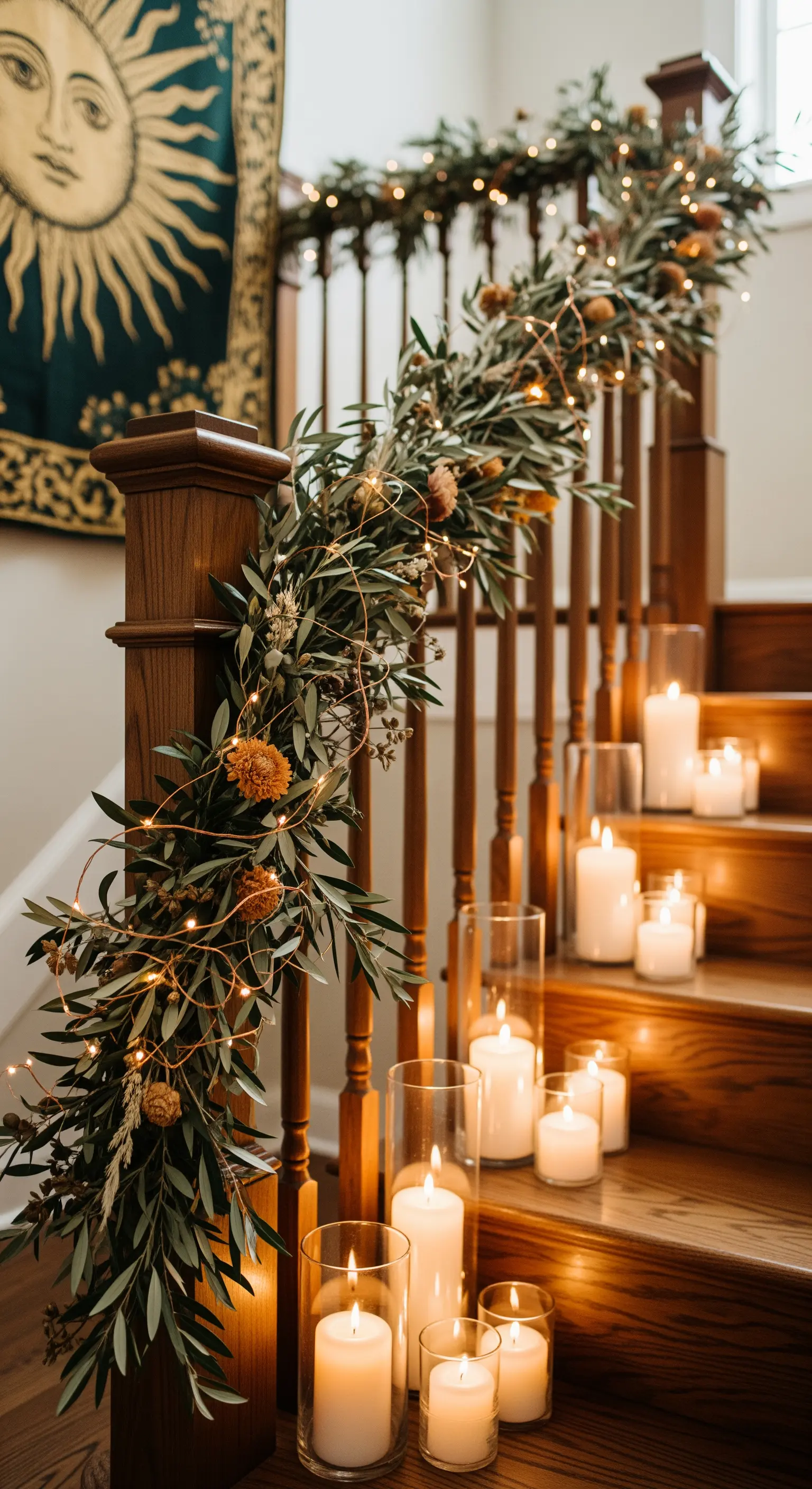 Holztreppe mit grüner Girlande, Lichterkette und vielen Kerzen