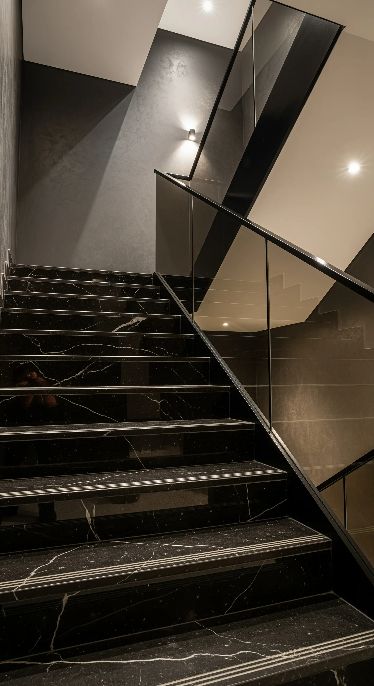 Treppe mit dunklen Stufen und Glasgeländer