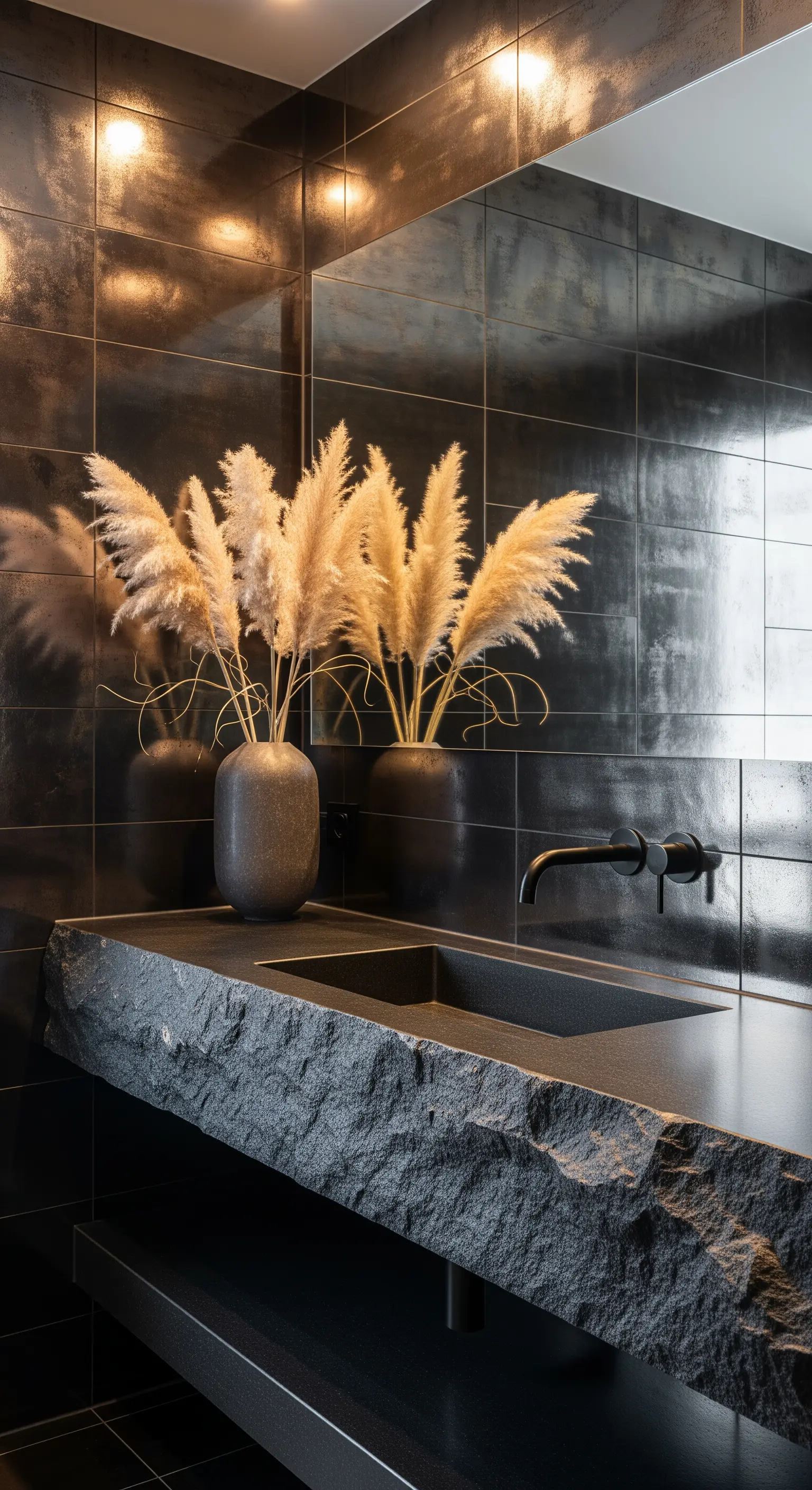 Pampasgras in Vase auf dunklem Steintisch