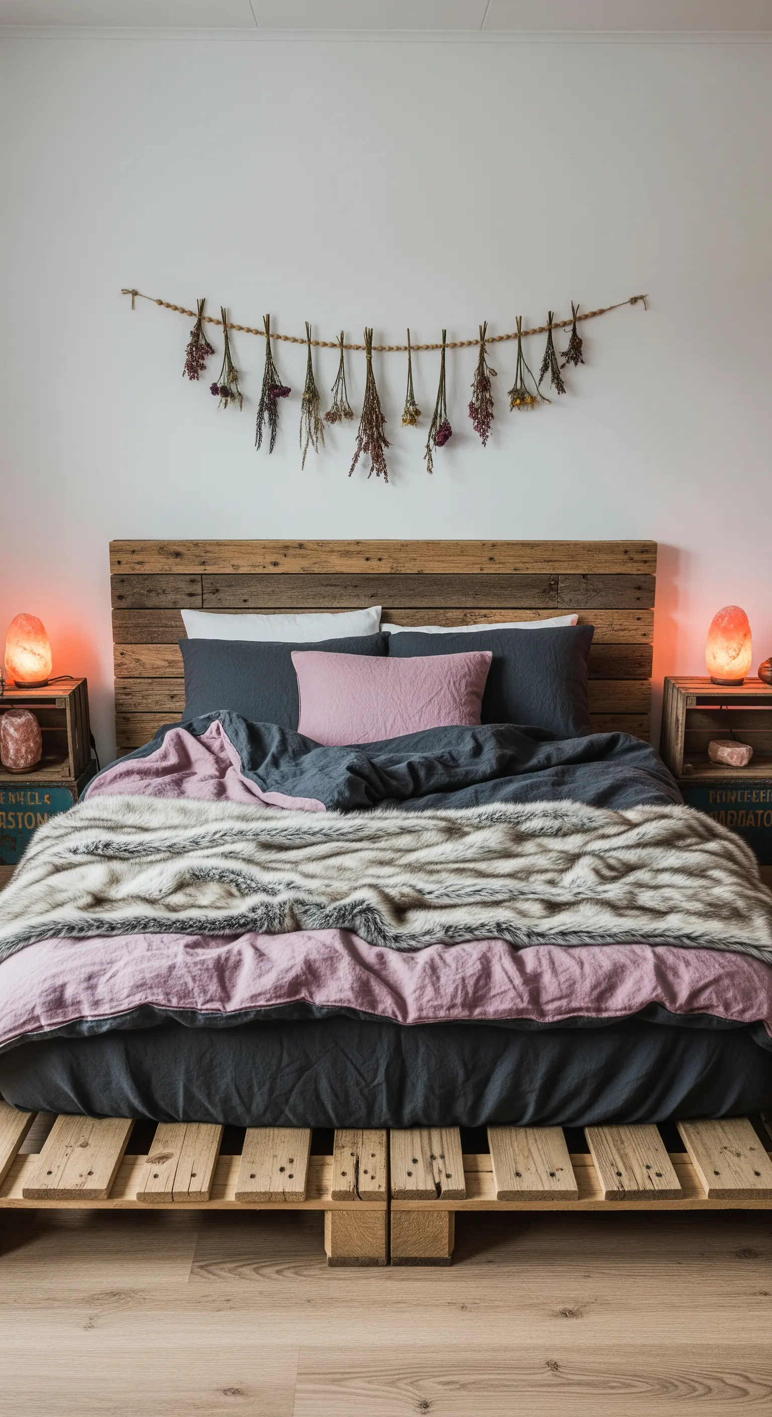 Bett mit hängender Trockenblumen-Girlande und Leinenbettwäsche