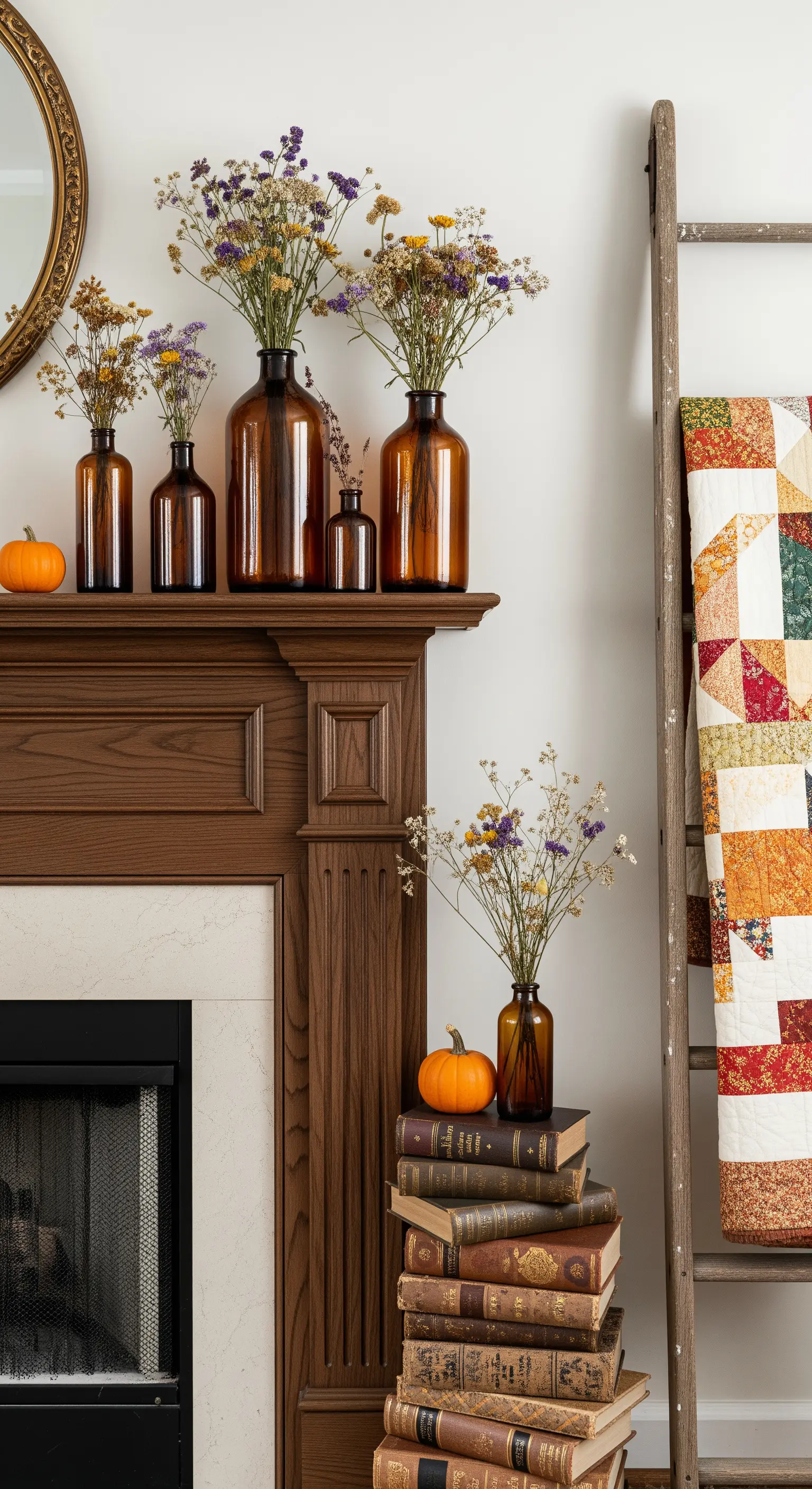 Braune Flaschen mit Trockenblumen auf dunklem Kaminsims