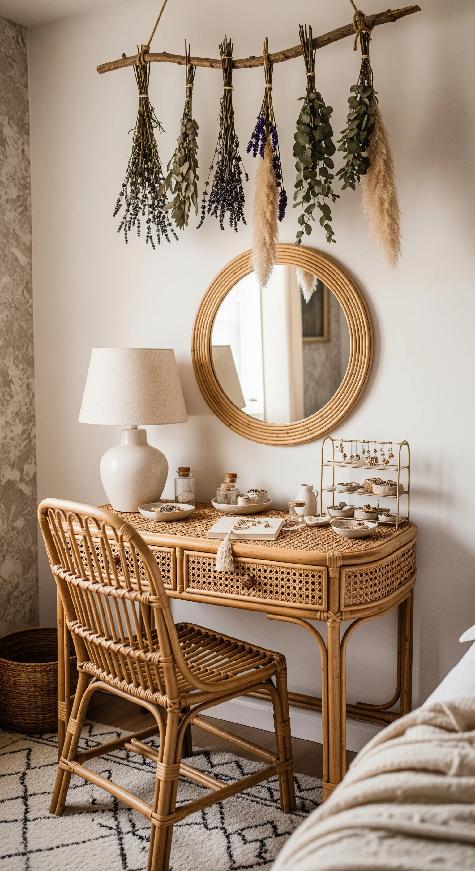 Trockenblumen hängend über Rattan Schminktisch