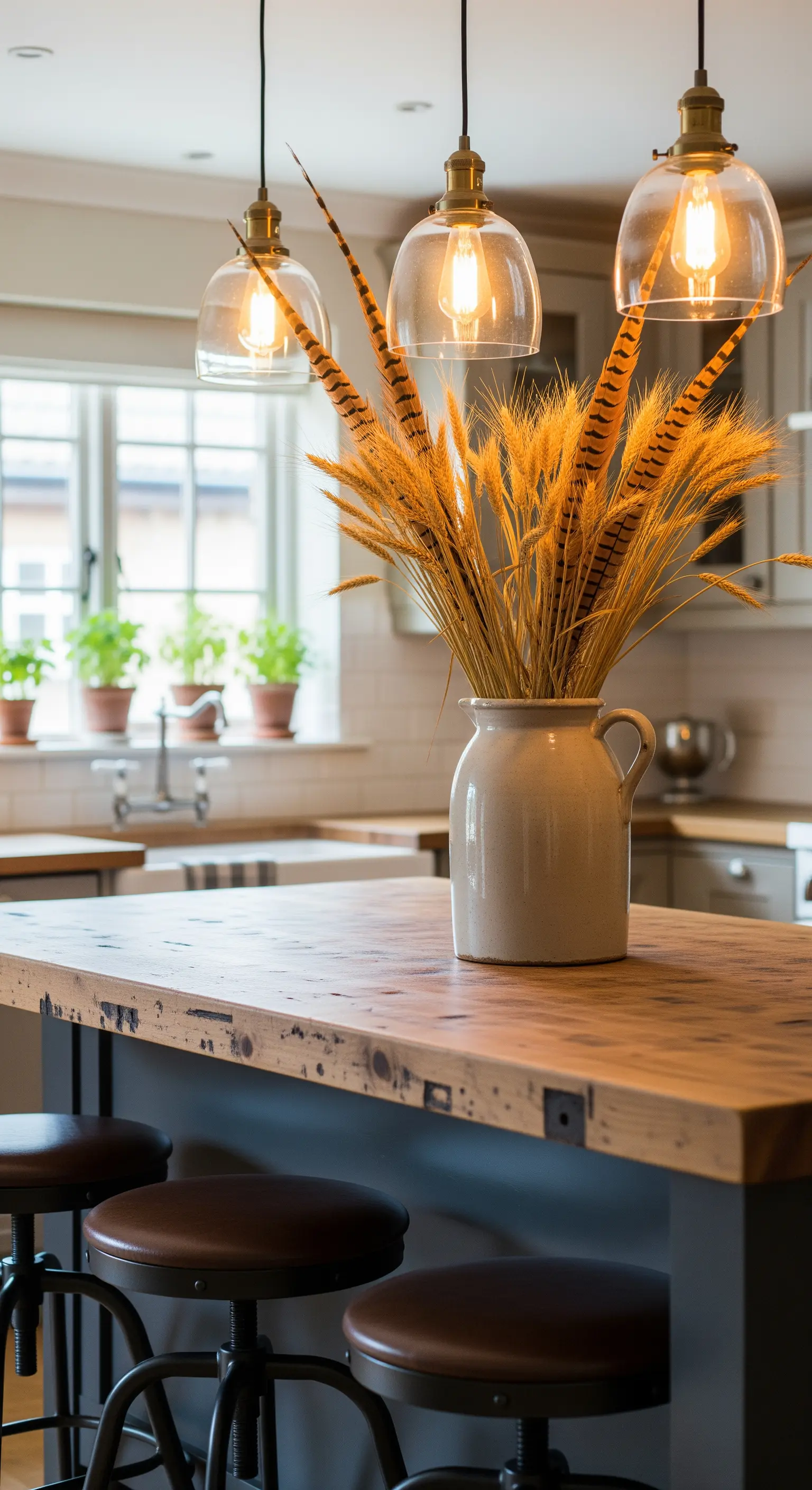 Kücheninsel mit Steingutkrug voll Weizenähren unter Pendelleuchten