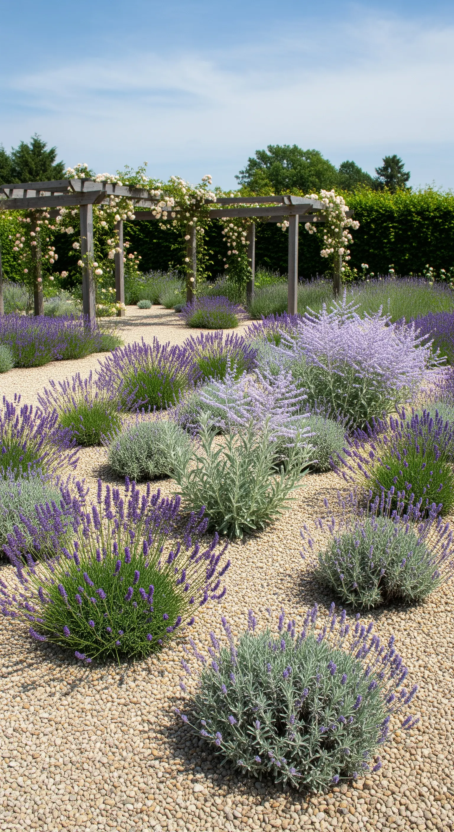 Kiesgarten mit großen Büschen aus Blauraute und Lavendel