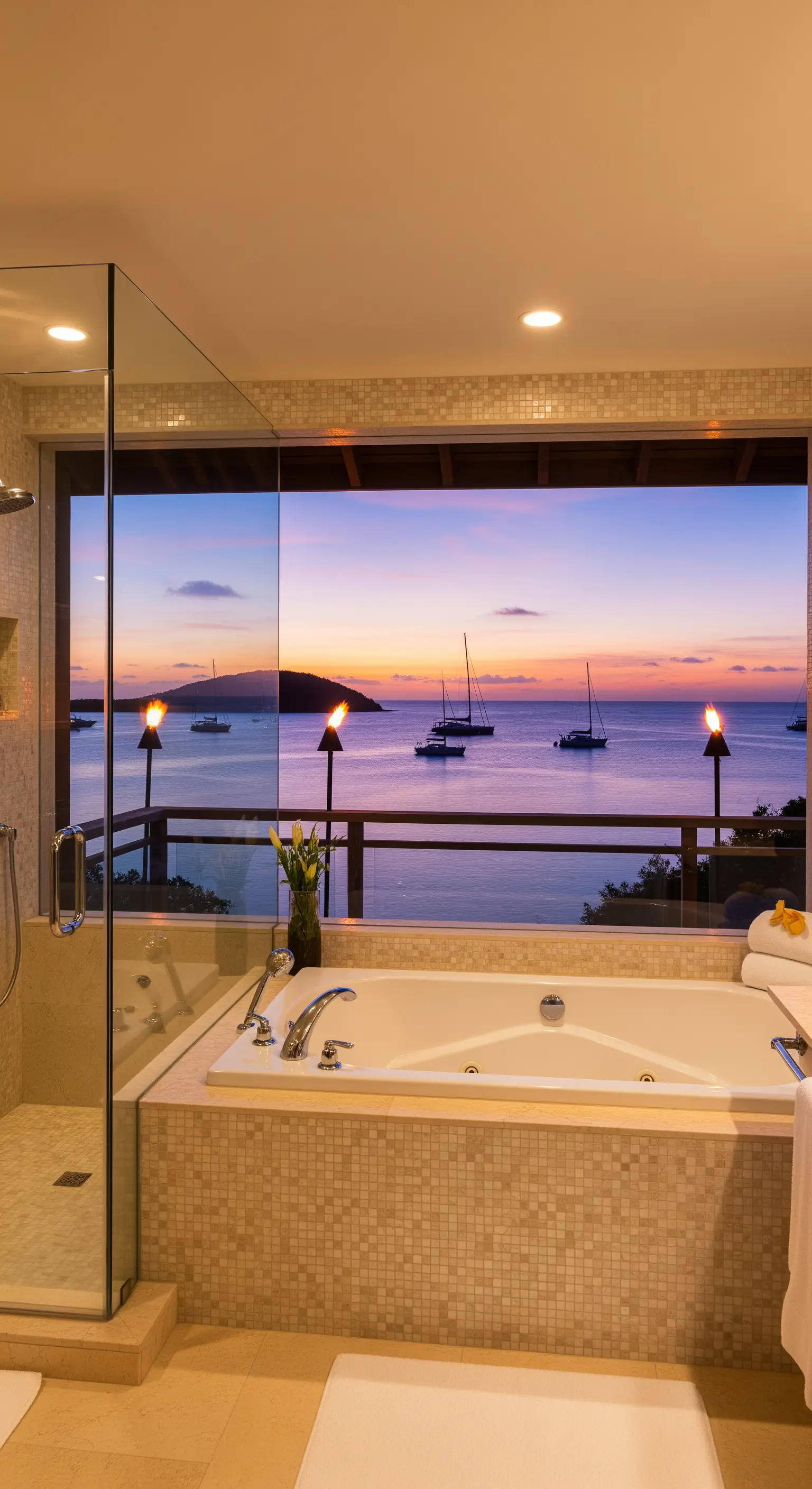 Badezimmer mit Whirlpool und Blick auf tropischen Sonnenuntergang