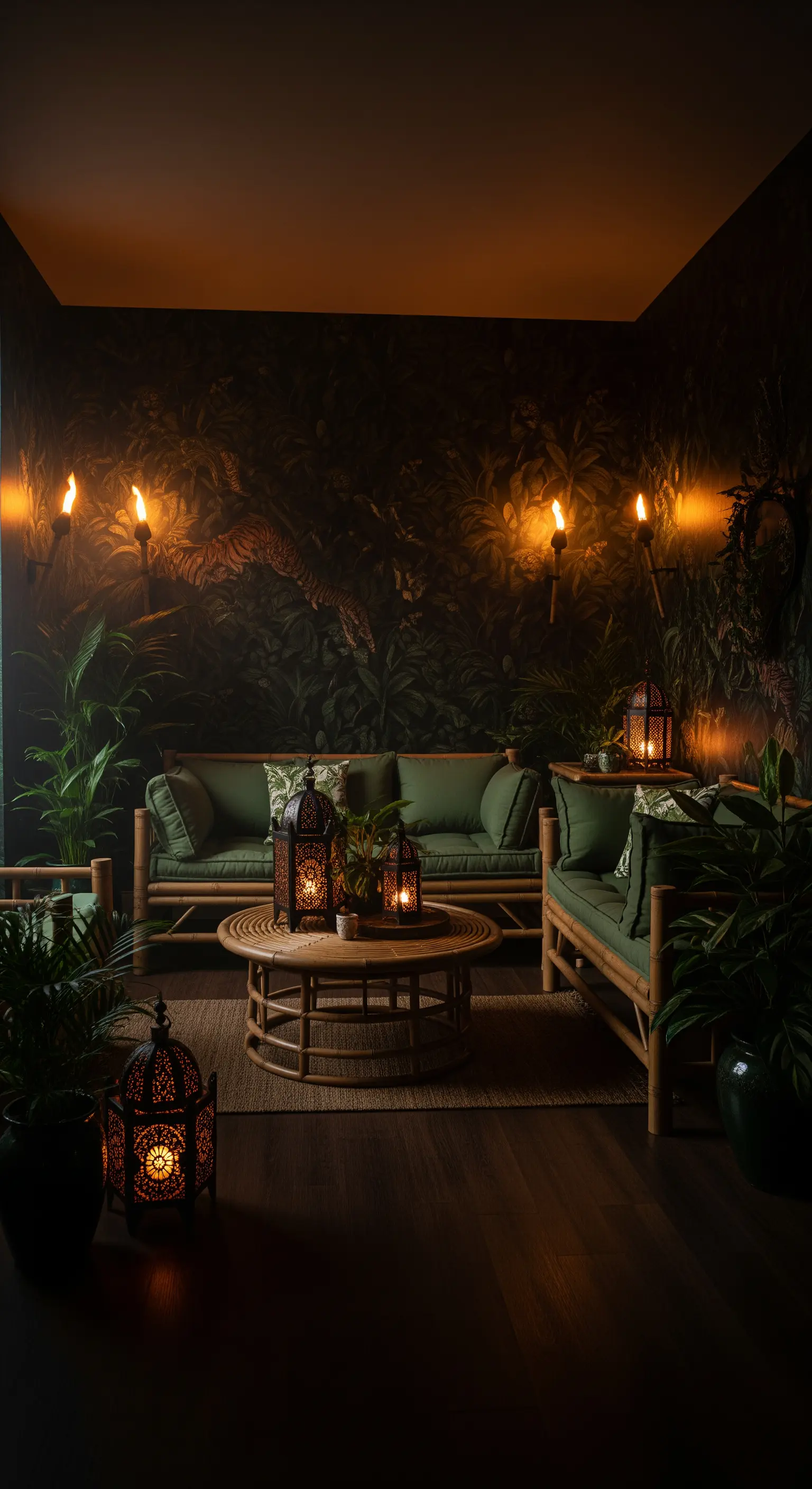Dunkles Zimmer mit Dschungeltapete und Bambusmöbeln
