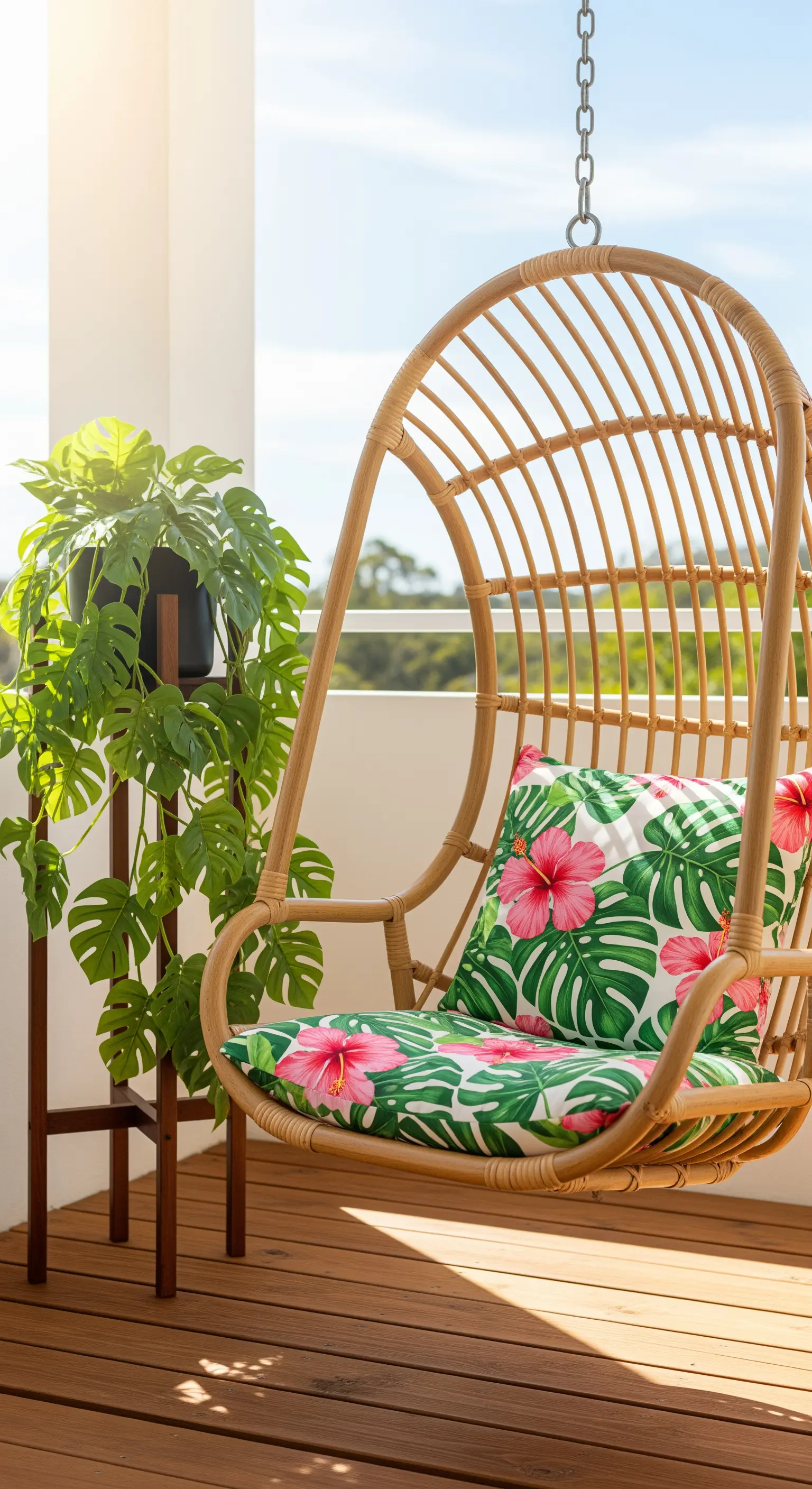 Hängesessel mit Kissen im Hibiskus-Muster auf einem Holzbalkon