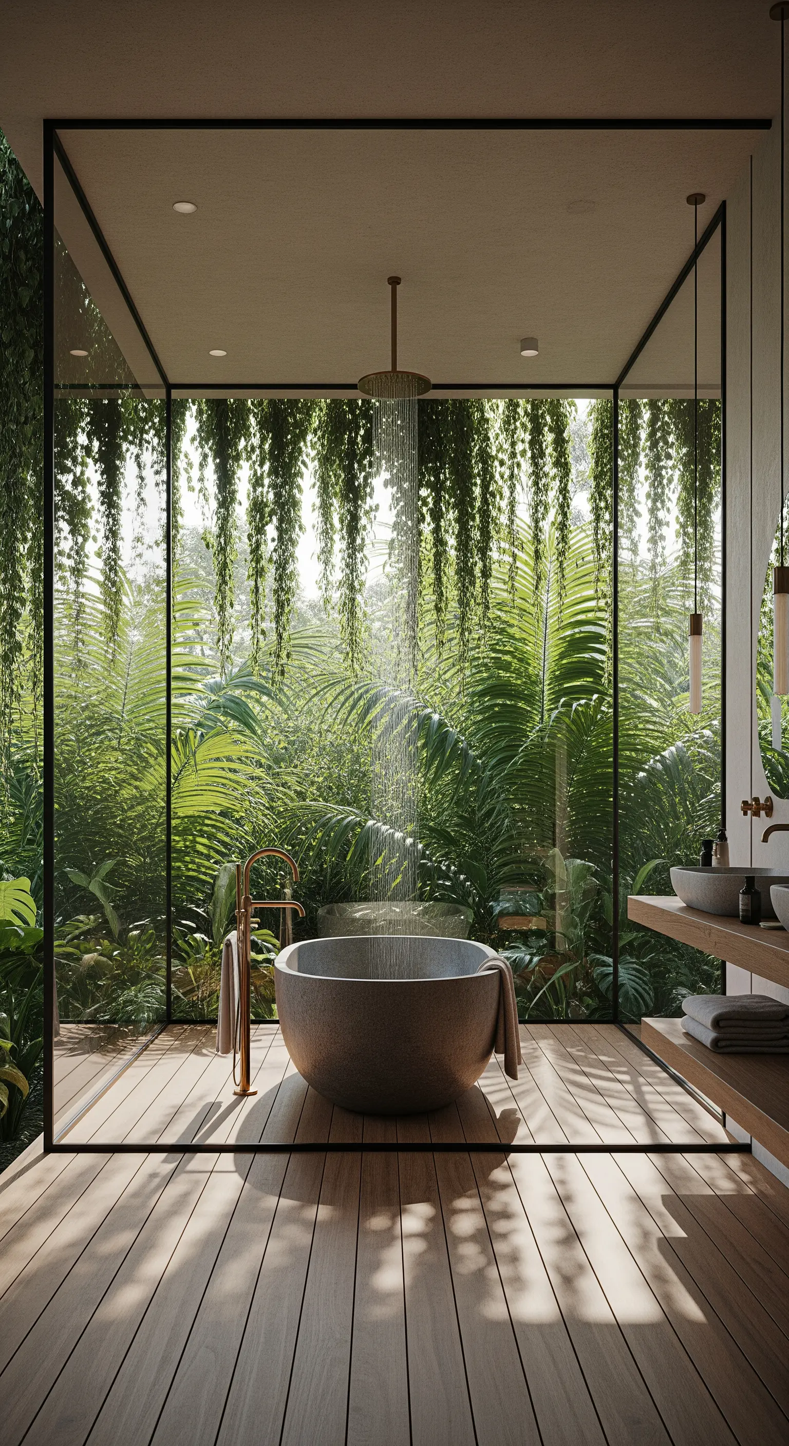 Regendusche vor Glaswand mit Dschungelblick und Steinwanne