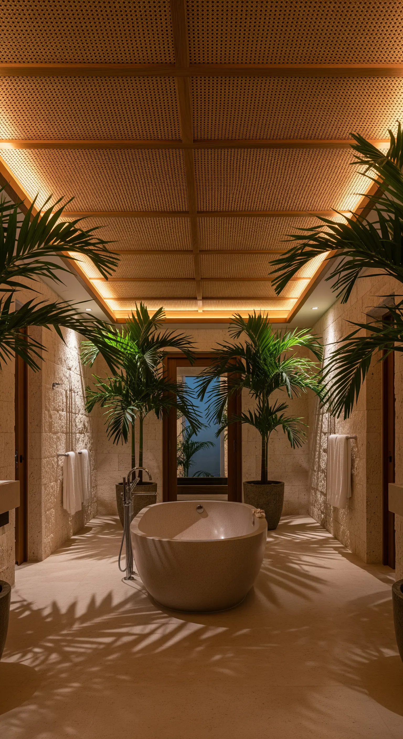 Badezimmer mit hinterleuchteter Rattan-Decke und großen Palmen