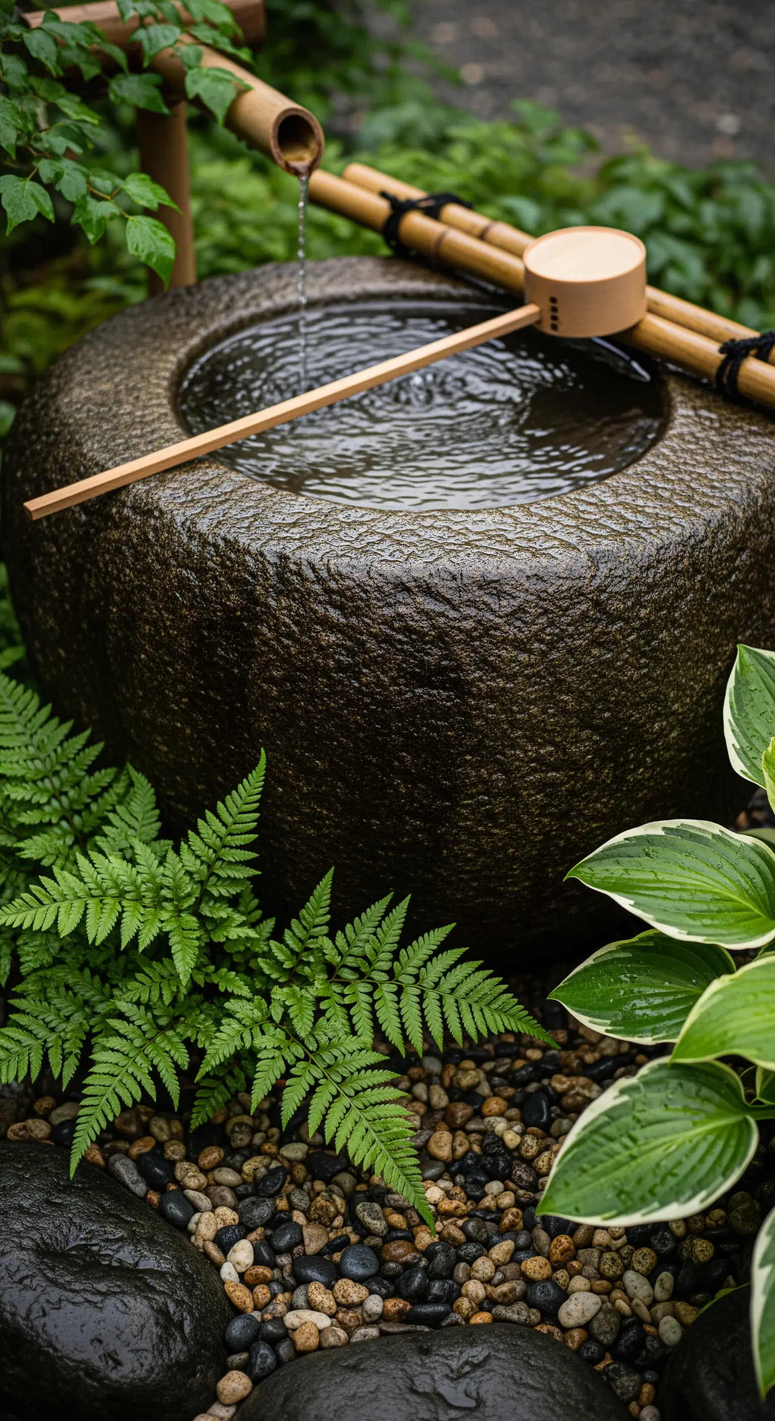Steinernes Wasserbecken mit Bambuslöffel und Farnen