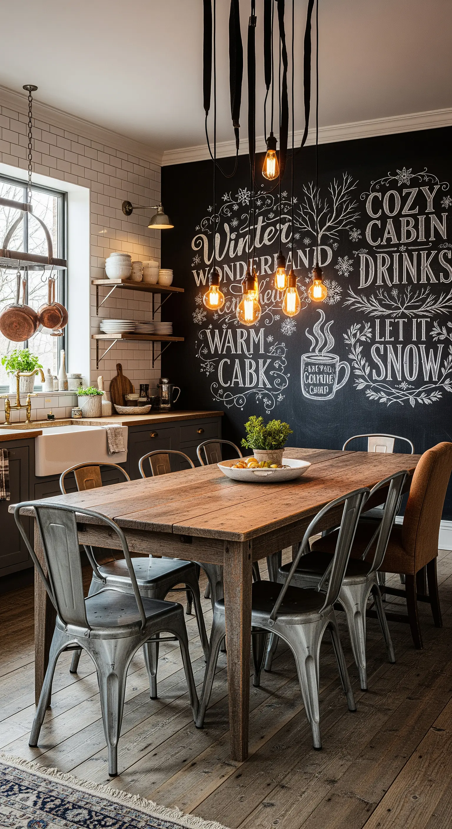 Essbereich mit großer Kreidewand und Winter-Schriftzug