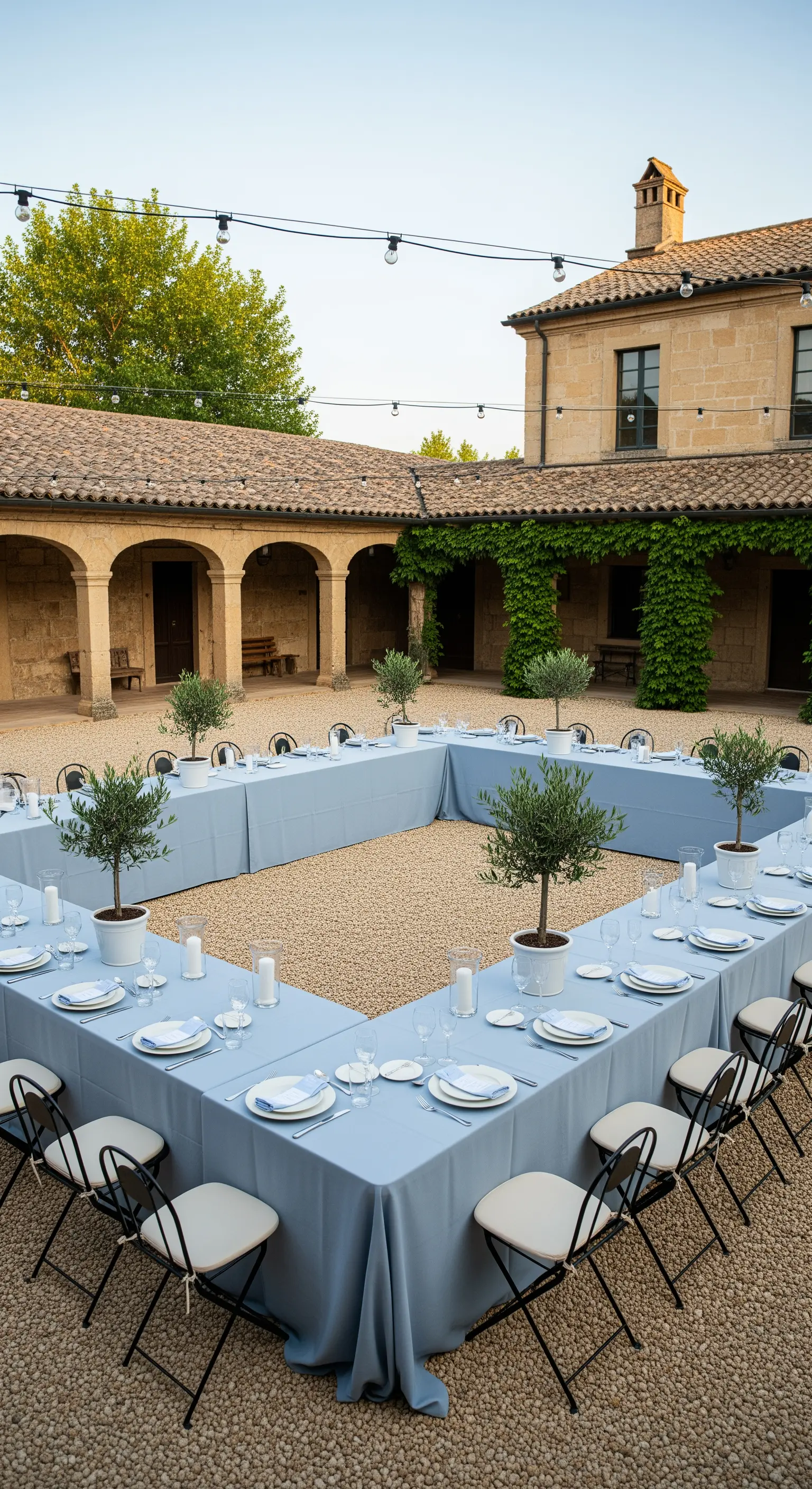 Große U-förmige Tafel im Innenhof mit kleinen Olivenbäumen