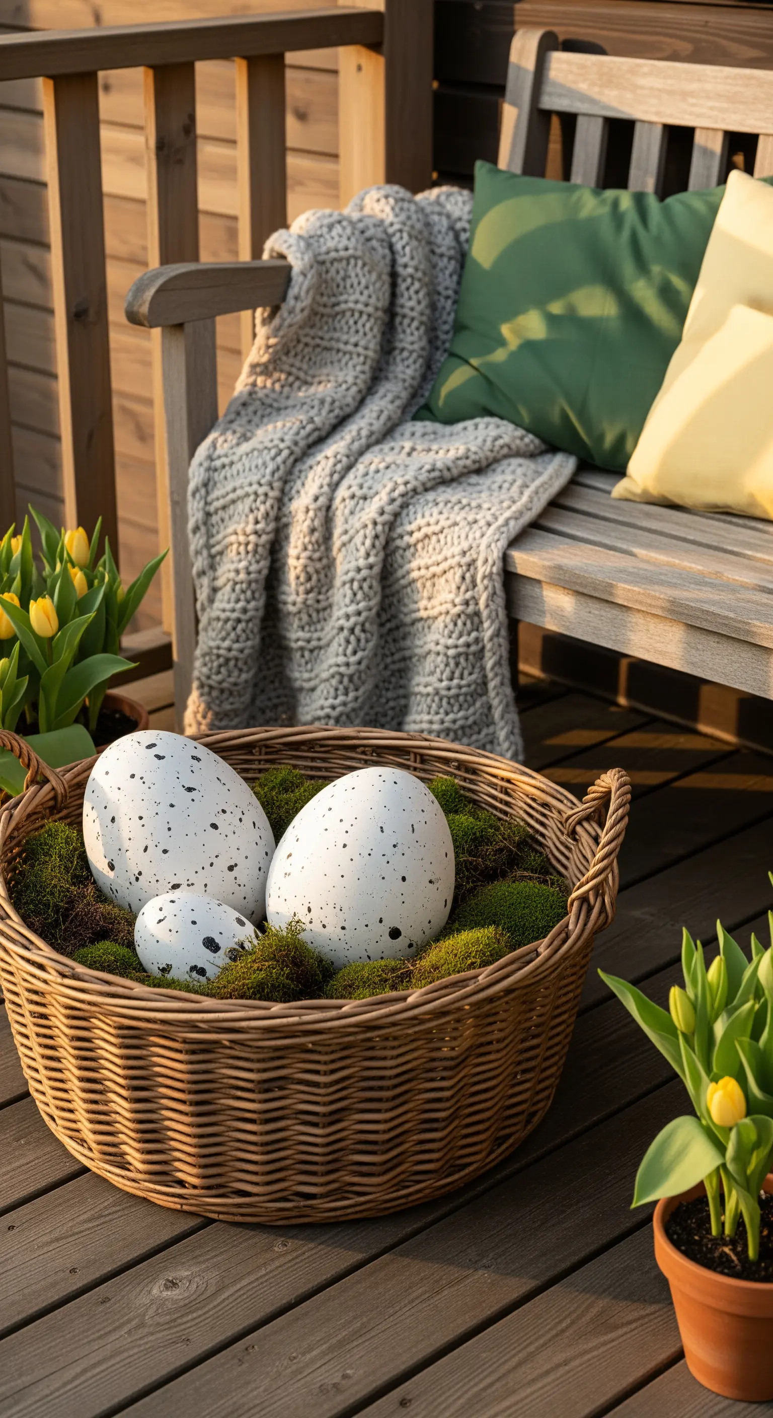 Große gesprenkelte Eier im Weidenkorb auf Holzbank